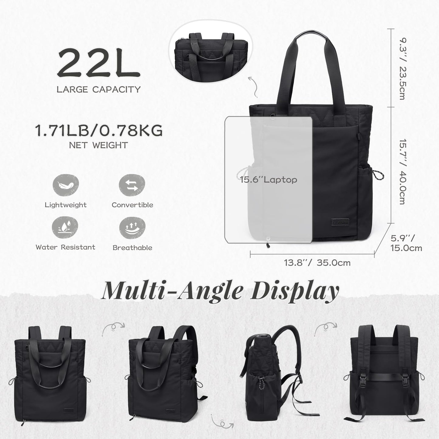 Convertible Laptop Backpack Yoga Sports Bag Quilted Tote Bag, Yoga Mat Carrier Bag for Travel, Fitness, Office and Shopping (Black)