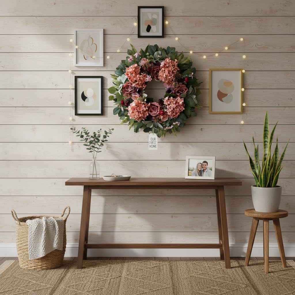 WANNA-CUL 24 Inch Spring Hydrangea Wreaths for Front Door,Spring Door Wreath with Rustic Pink Rose and Peony Flower for Wedding or Mothers Day Wreath Decor