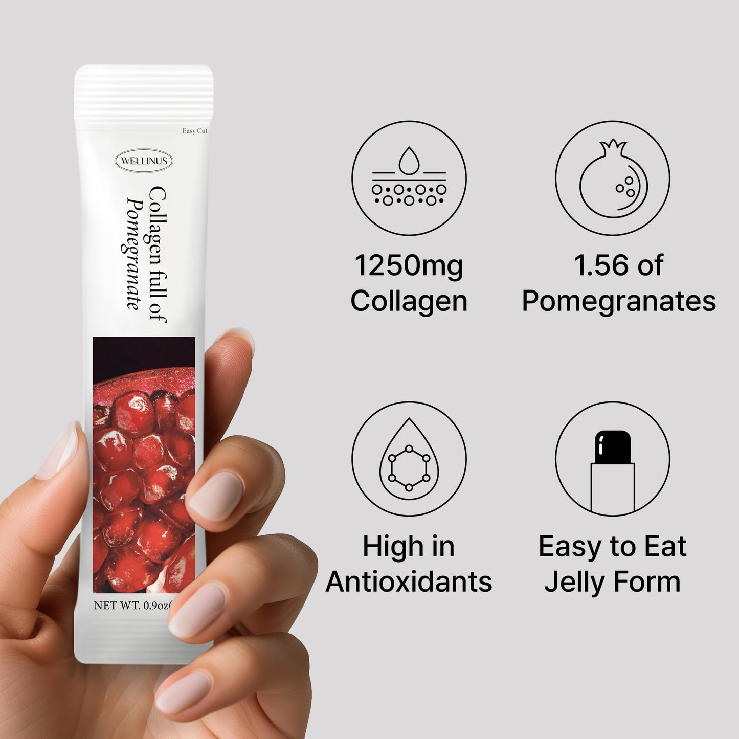 Collagen Jelly Stick, Marine Collagen Peptides, Fast Absorbing Snack, Ultra-Low Weight Molecular, HACCP Certified, 22.05 oz/Pack of 25 (Pack of 25, Pomegranate)