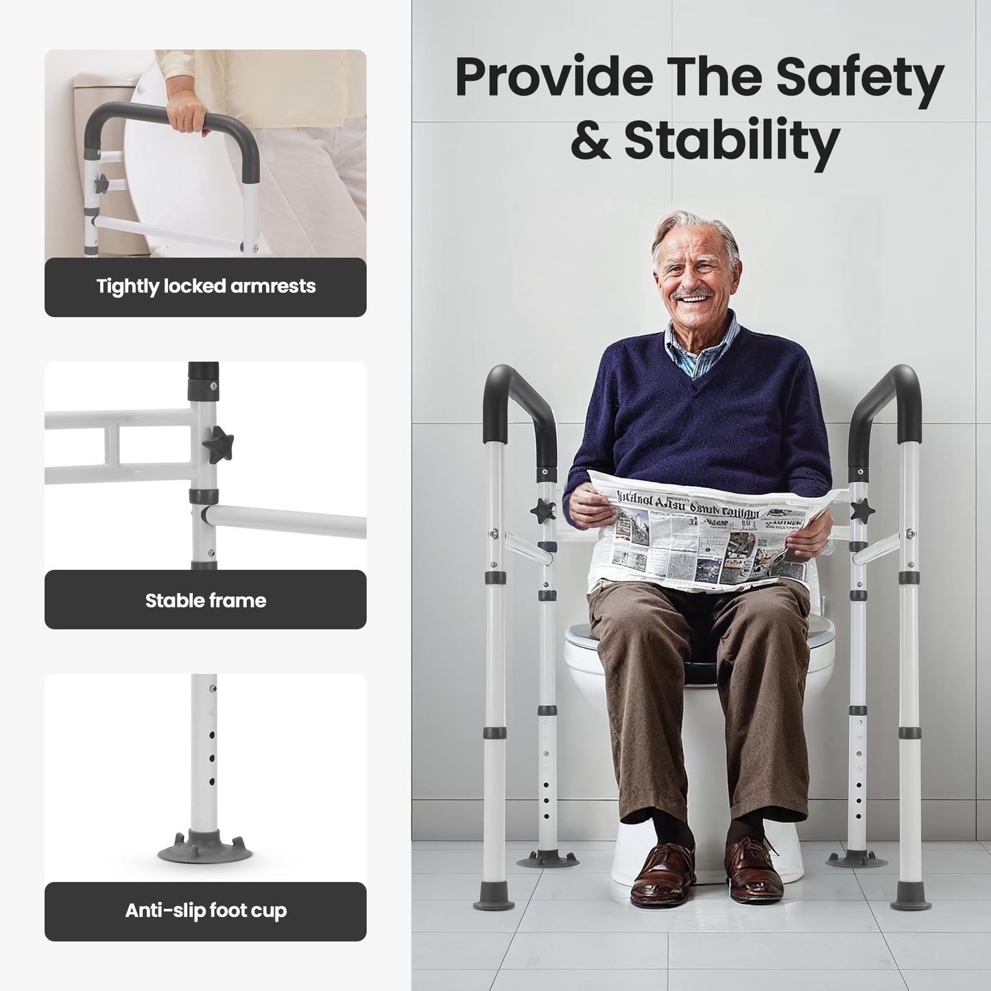 Careboda Toilet Safety Frame Rails, Toilet Handles for the Elderly Disabled, Adjustable, Stand Alone Non-Slip Toilet Frame, Removable Folding Handrails, Fits most Toilet Seats, 300lbs Capacity