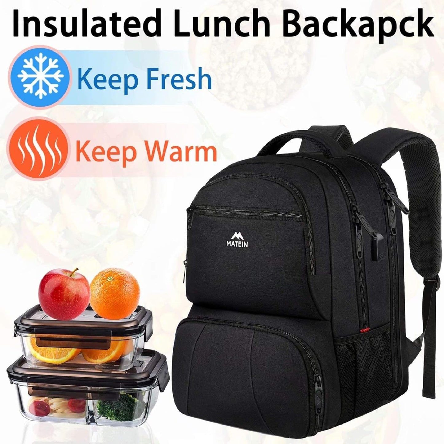 MATEIN Lunch Backpack for Men, 17 Inch Insulated Cooler Backpack Lunch Box Backpack with USB Charging Port, Water Resistant Computer Daypack College Laptop Backpack for Travel Picnic Work, Black