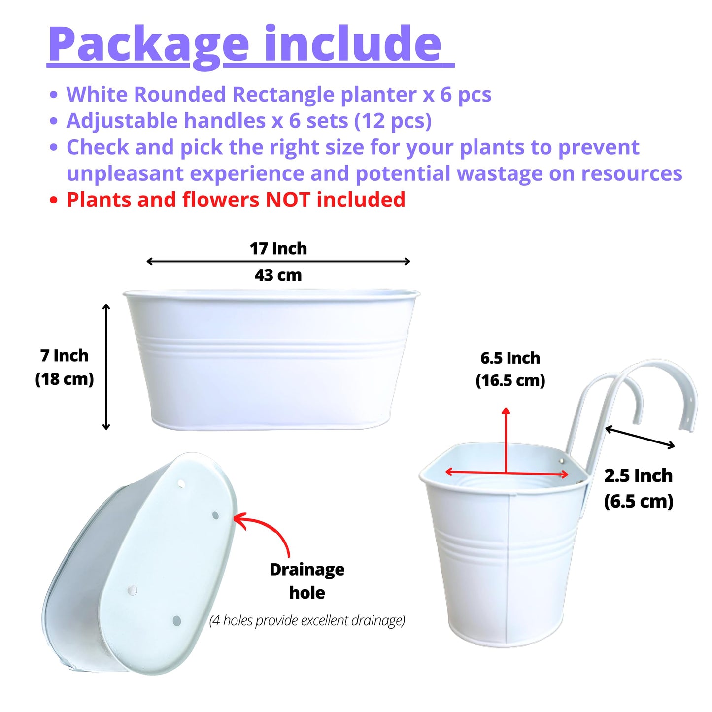 LaLaGreen Planter Boxes for Outdoor (17 Inch, 6 Pack) White Metal Deck Railing Hanging Flower Pots, Large Window Box Plant Holder Hooks Fence Rail Buckets Modern Herb Boho Style Wall Mount Porch Decor