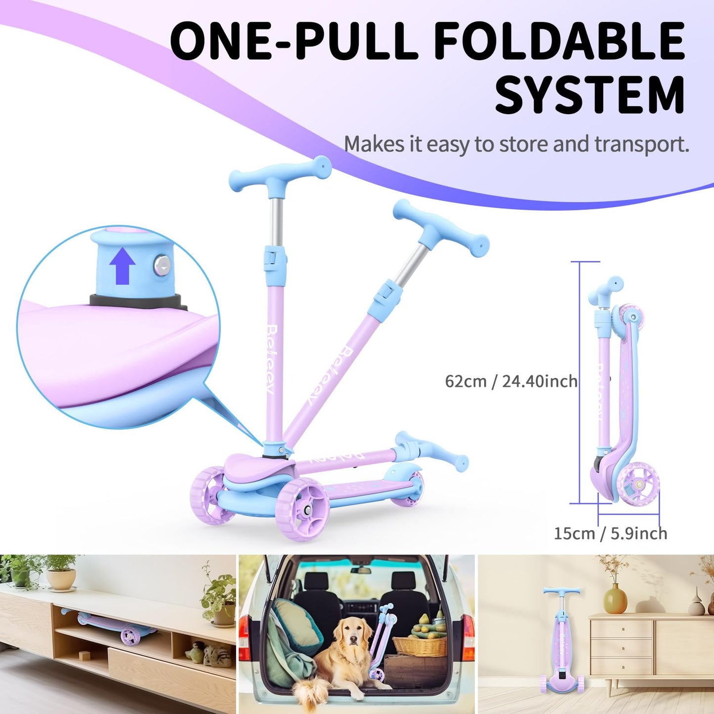 BELEEV A8 Scooter for Kids Ages 3-12, 3 Wheel Folding Scooter for Toddlers Girls & Boys with LED Light Up Wheels, 4 Adjustable Height, Extra Wide Deck, Lightweight Kick Scooter for Children (Purple)