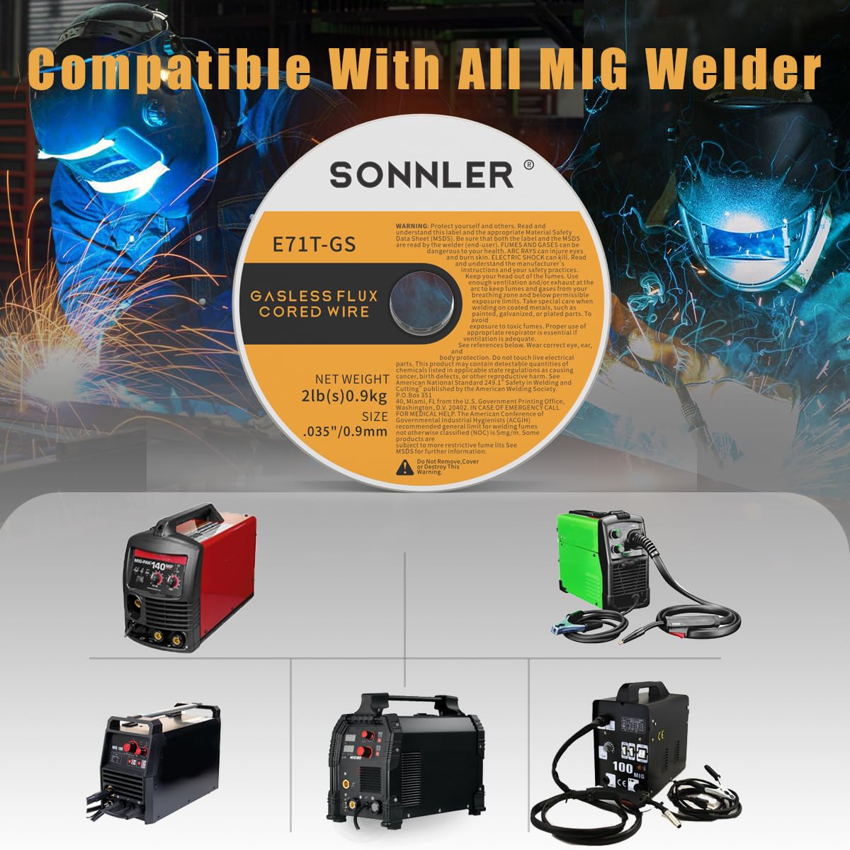 SONNER 035 Flux Core Welding Wire,3 Packs 2-Pound E71T-GS Low Splatter Gasless Carbon Steel Mig Welding Wire Compatible With HF Fourney Harbor Welder