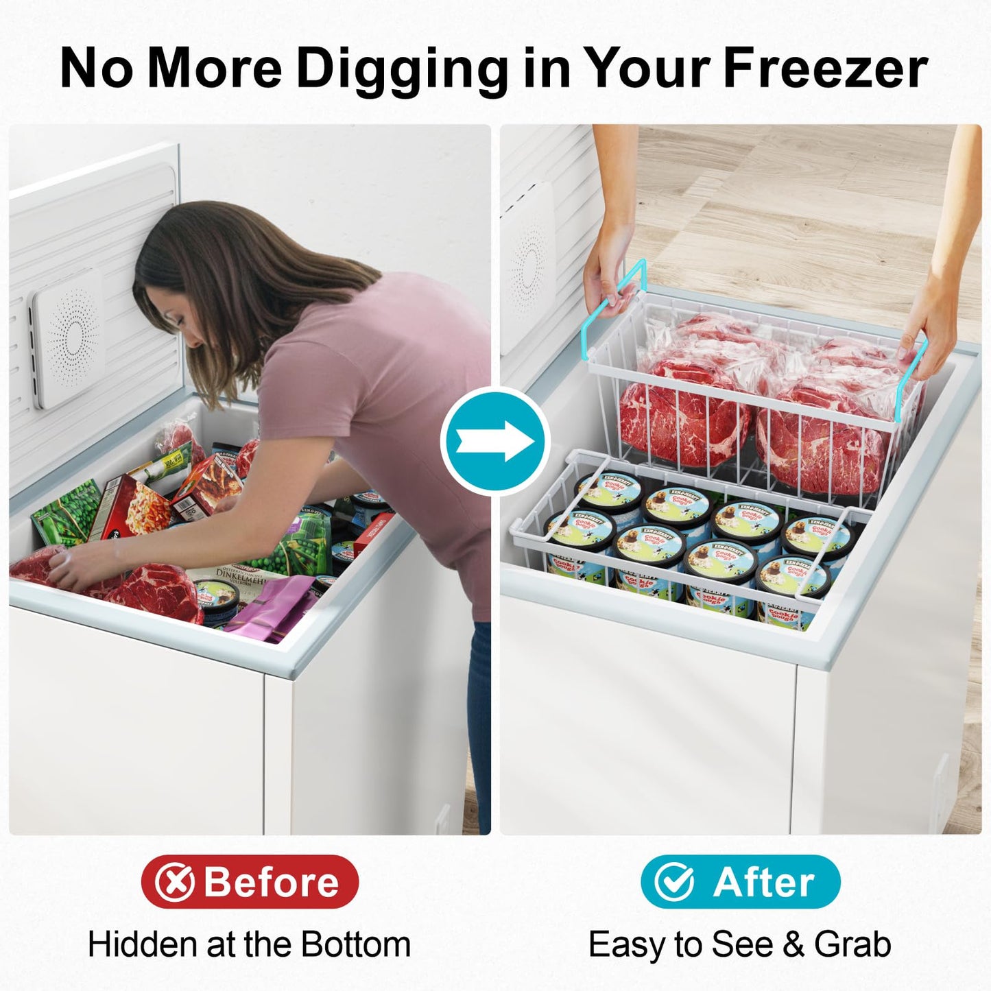 iSPECLE Chest Freezer Organizer - 8 Pack Stackable Freezer Organizer for 5 to 7 Cu.Ft Deep Freezer, Sort Frozen Foods Wire Baskets with Handles Easily Get Food and Add Storage Space, White
