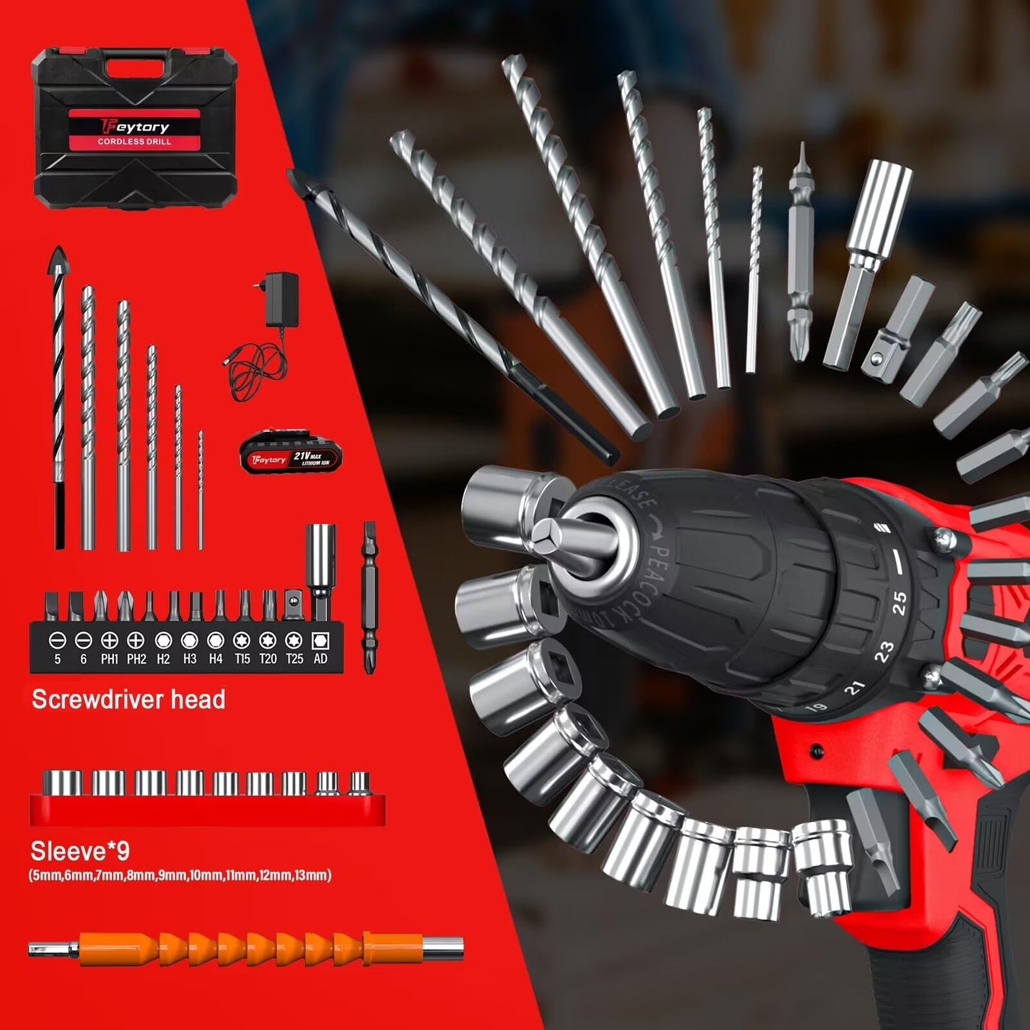 21V Cordless Drill,Electric Screwdriver Set,45Nm Cordless Combi Drill with 29PCS Accessories, 2 Variable Speed 25+1 Torque Setting, Trigger-Activated LED for Home DIY Project Kit