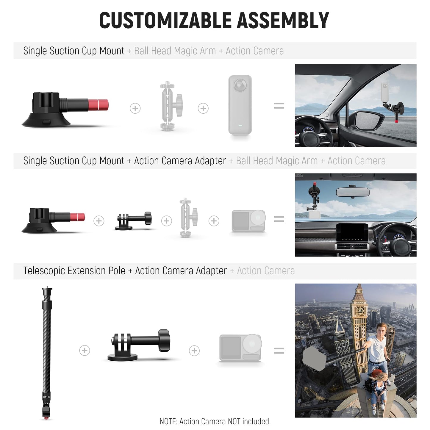 NEEWER Triple Suction Cup Car Mount Kit, Carbon Fiber Camera Mount with Action Camera Adapter, NATO Rail & 24"/60cm Extension Pole Compatible with GoPro Insta360, 2.2lb/1kg Max Load, CA136