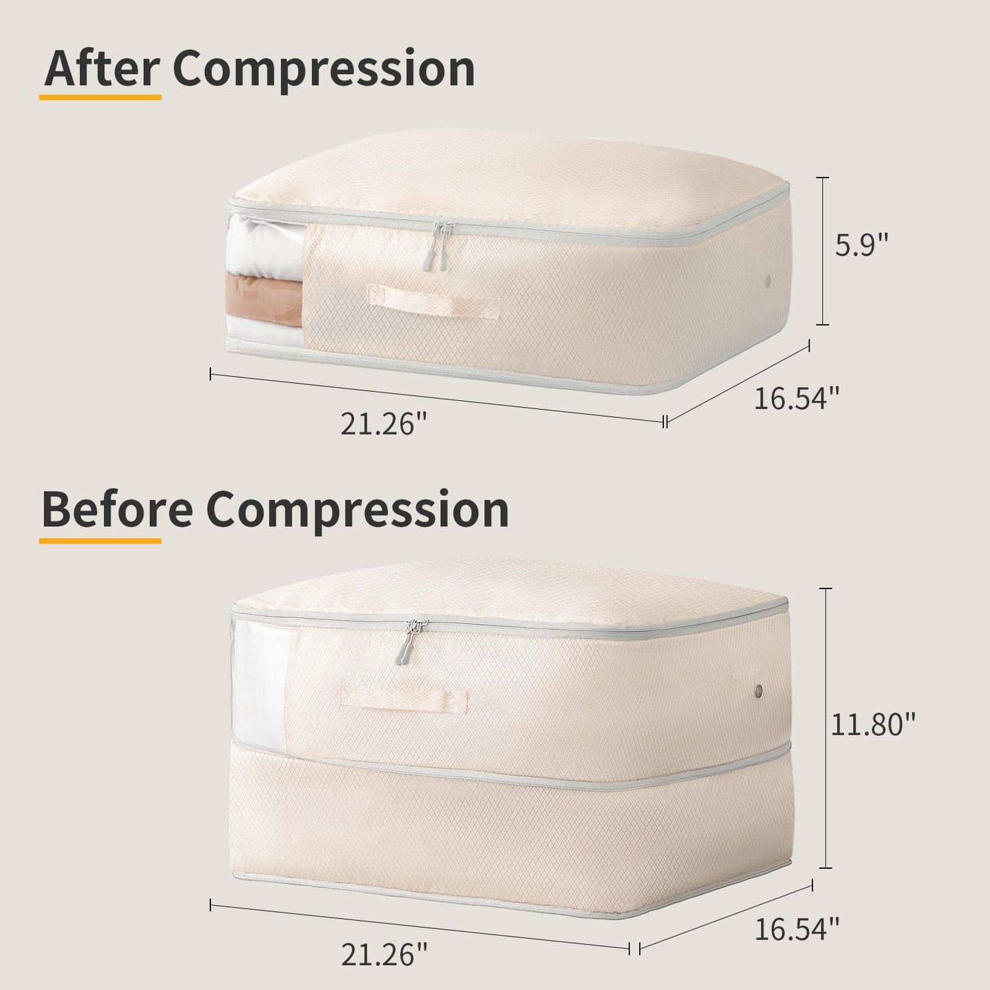DIMJ Blanket Storage Bag Compression Organizer -3 Pack 198L Ultra Space Saving Self Compression Organizer with Clear Window Washable Compression Bags for Comforters Duvet Bedding, Dorm, Beige