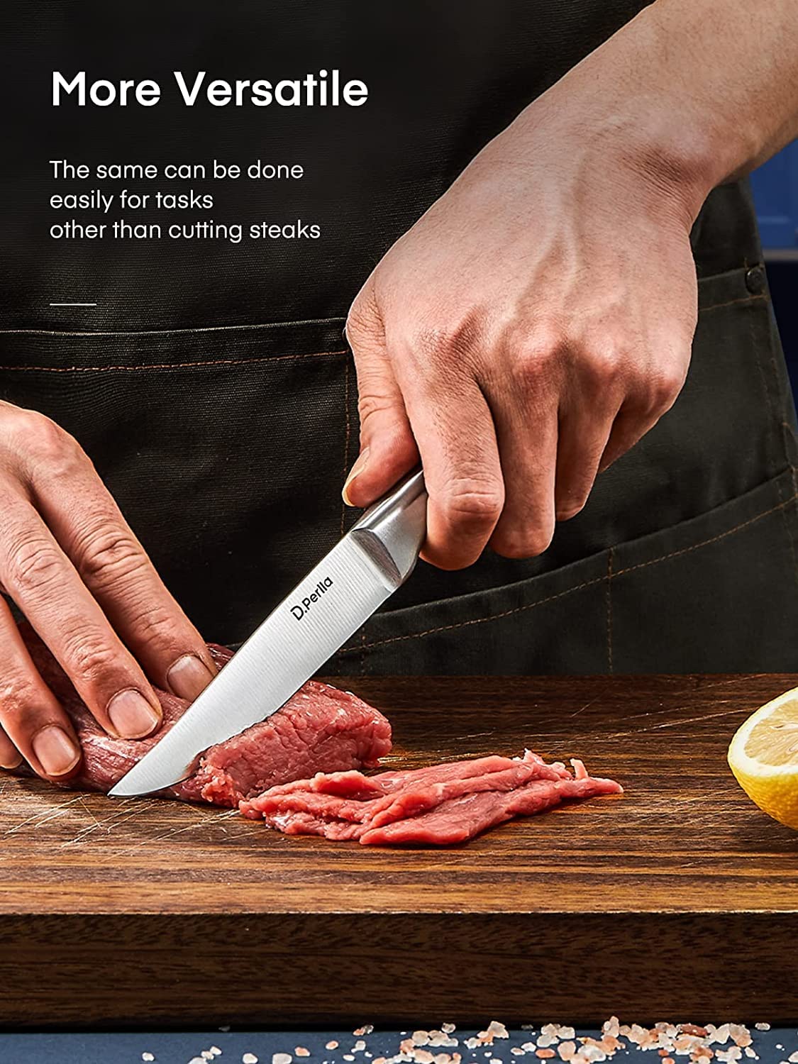 D.Perlla Steak Knife Set, Straight Edge Steak Knife Set of 8, High Carbon Stainless Steel Steak Knives Never Need Sharpening, One Piece Design & Hollow Handle, Professional Cutlery Set