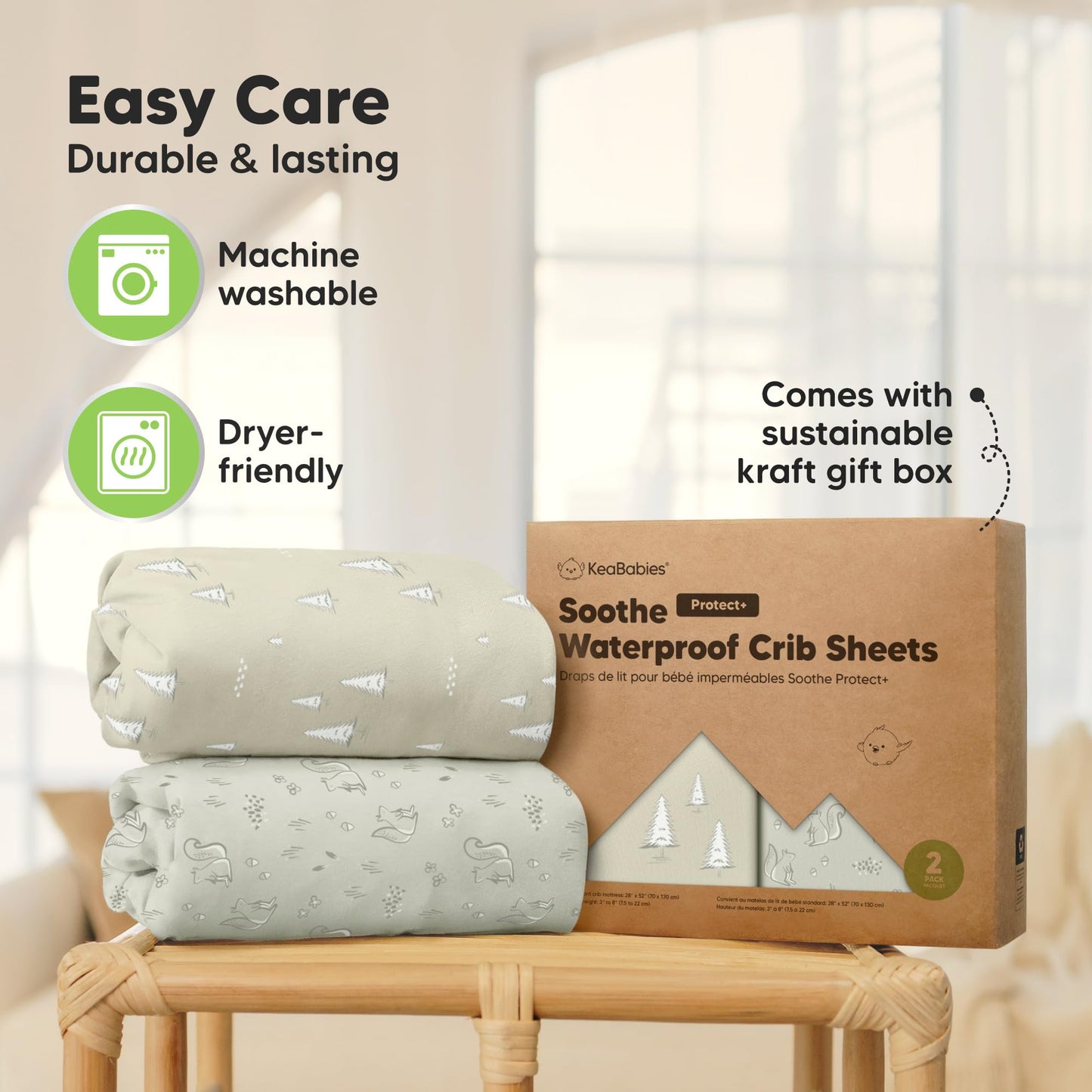 2-Pack Waterproof Crib Sheets for Girl, Boy - Organic Cotton Fitted Crib Sheets Neutral, Crib Mattress Protector Sheets, Soft Toddler Bed Sheets, Washable Infant Fitted Baby Crib Sheets (Pine Grove)