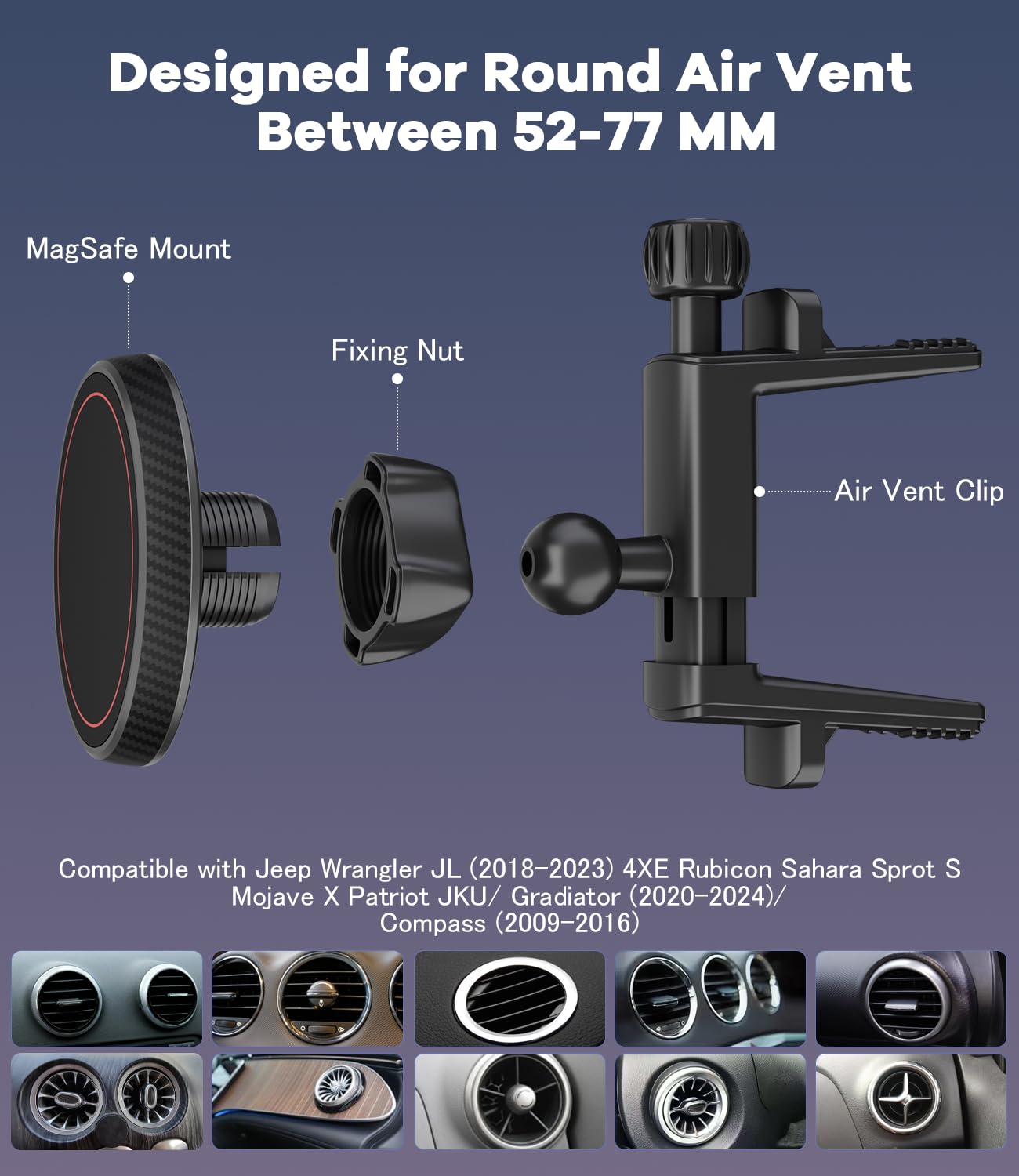 ALAFLY Magnetic Round Vent Car Phone Holder for Jeep Wrangler JL(2018-2025) Gradiator (2020-2024) Compass (2009-2016), Air Vent Car Mount Compatible with MagSafe for iPhone 17 16 15 14 13 12