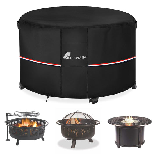 Alickwang Fire Pit Cover Round 36 Inch Waterproof,Outdoor Heavy Duty Durable 600D Tear-Resistant Fire Pit Table Cover,Patio Round Firepit Cover 36" D x 24" H, Black