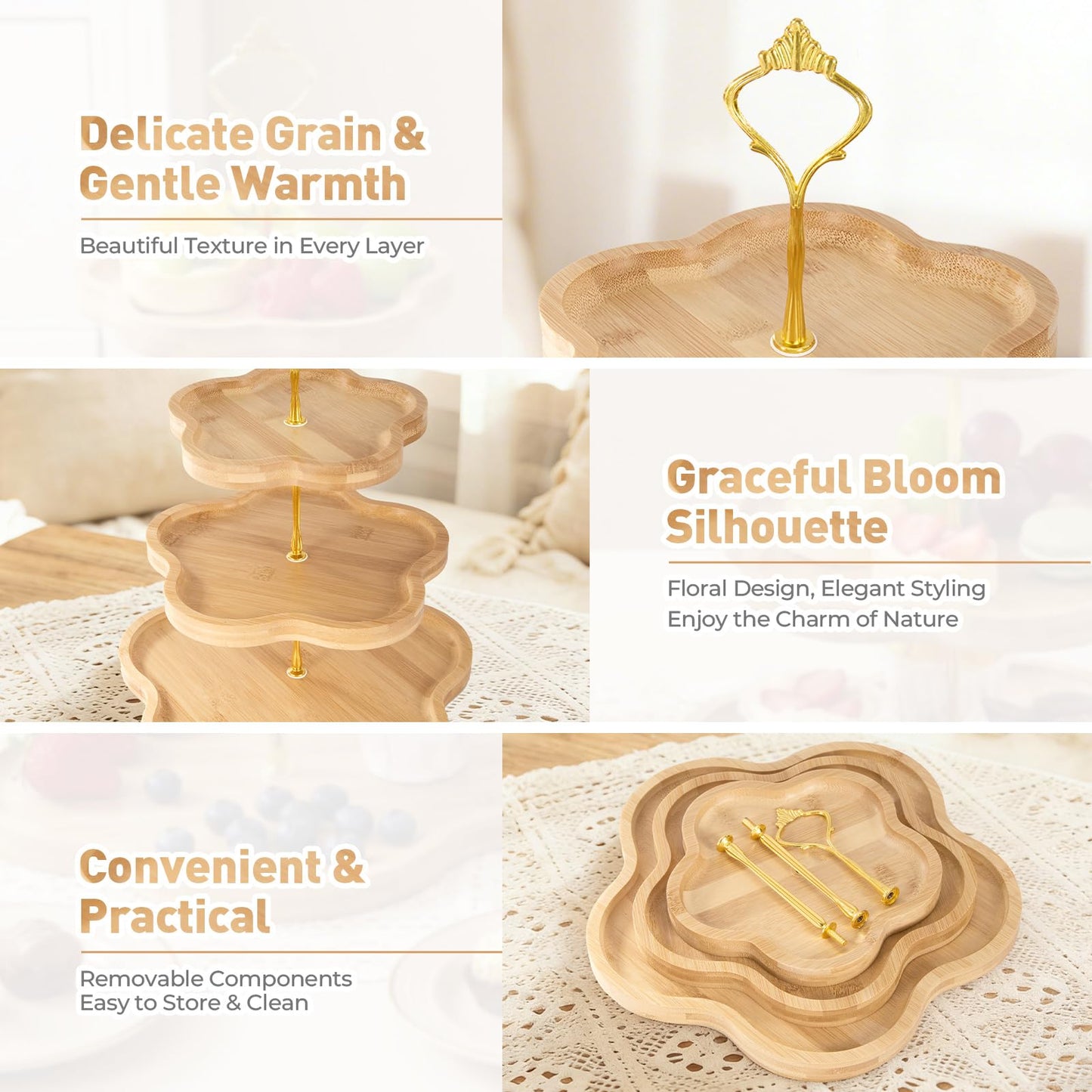 DUJUST Elegant 3-Tier Wooden Cupcake Stand with Flower-Shaped Design, Rustic Bamboo 3 Tiered Serving Tray for Cupcake, Desserts, Party, Wedding, Farmhouse & Home Decor, Easy to Install & Clean