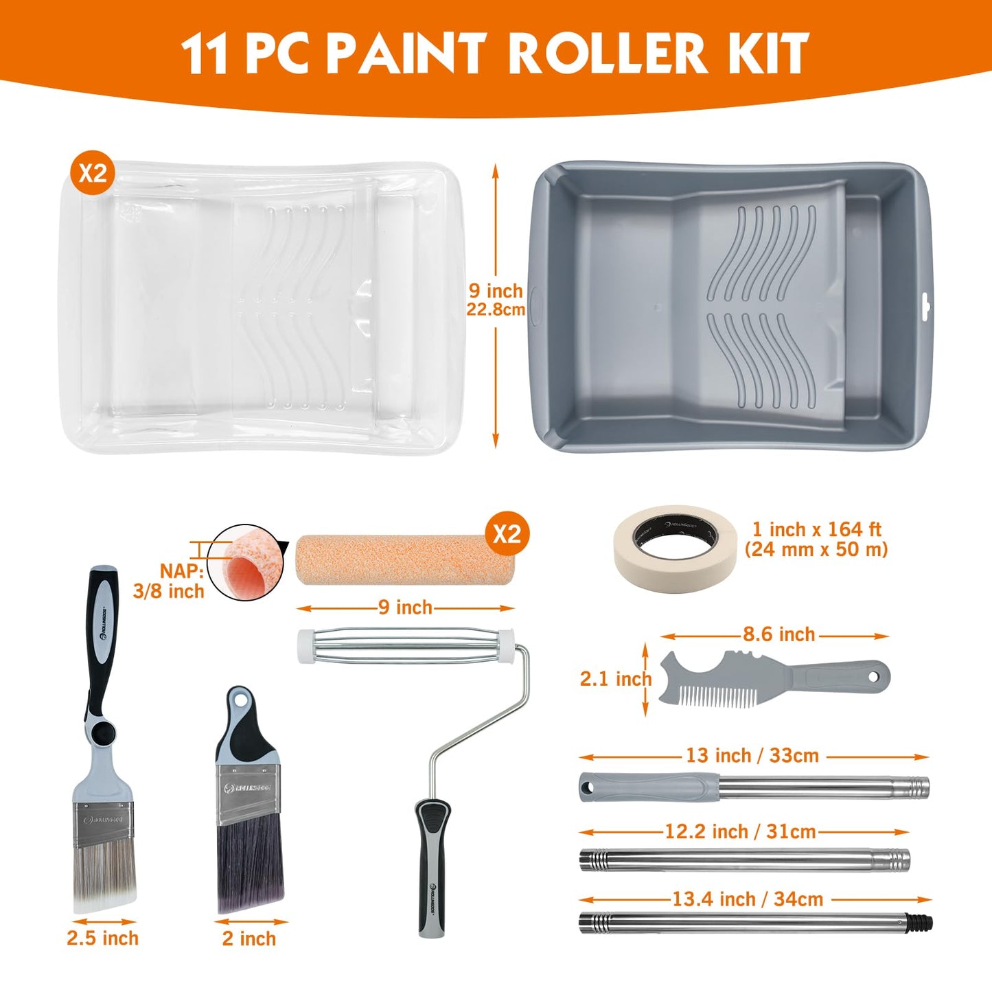 ROLLINGDOG 11 PC Paint Roller Kit-9 Inch Paint Rollers with Frame, Extension Pole, Paint Tray with Liners, Brushes, Paint Roller Cleaner and Masking Tape for Wall Ceiling House Painting