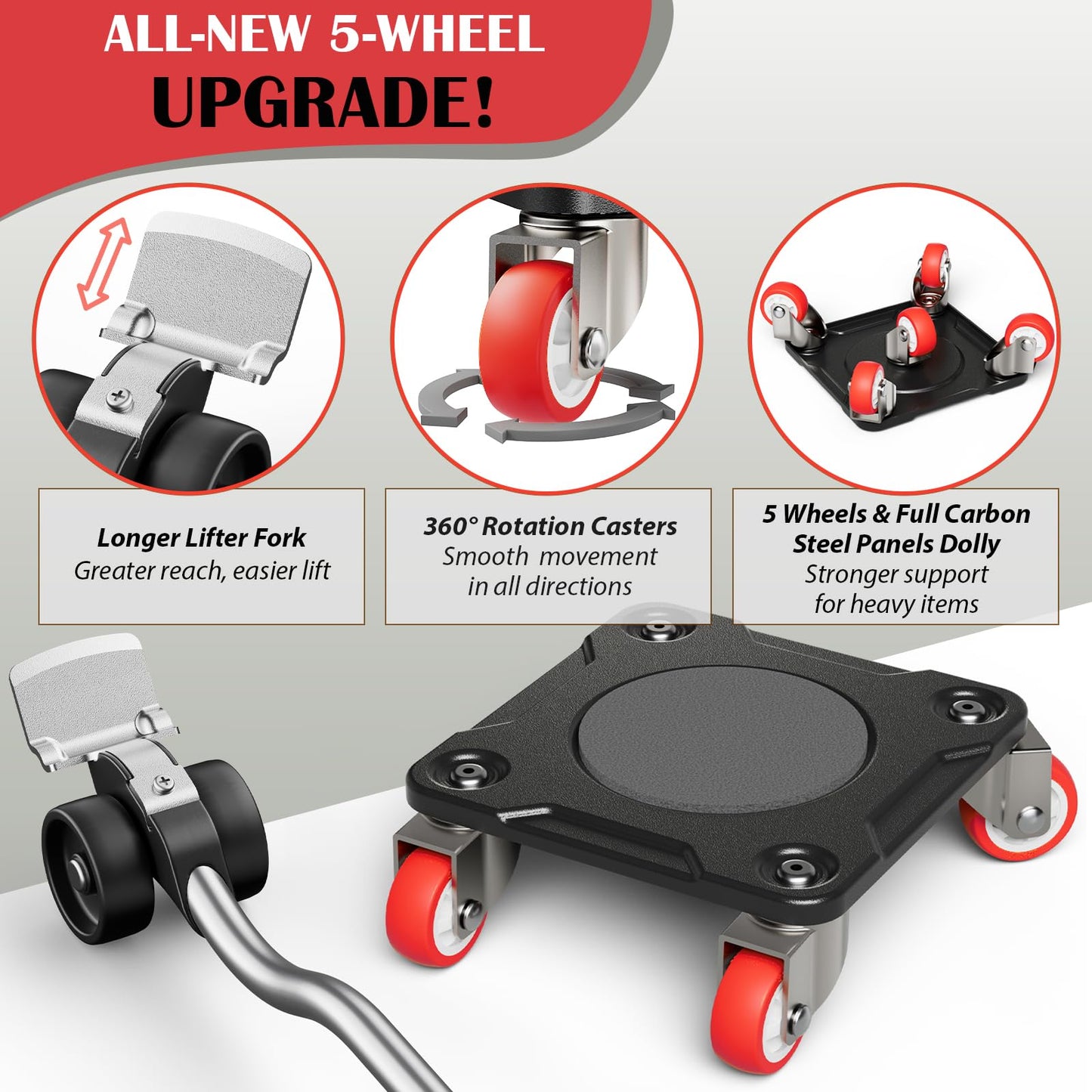 ONEON Heavy Duty Furniture Movers with Wheels Dolly with Auxiliary Lifter, All-New Upgraded Carbon Steel Panels & 360°-Wheeled Casters, Supports up to 1100 lbs (M)