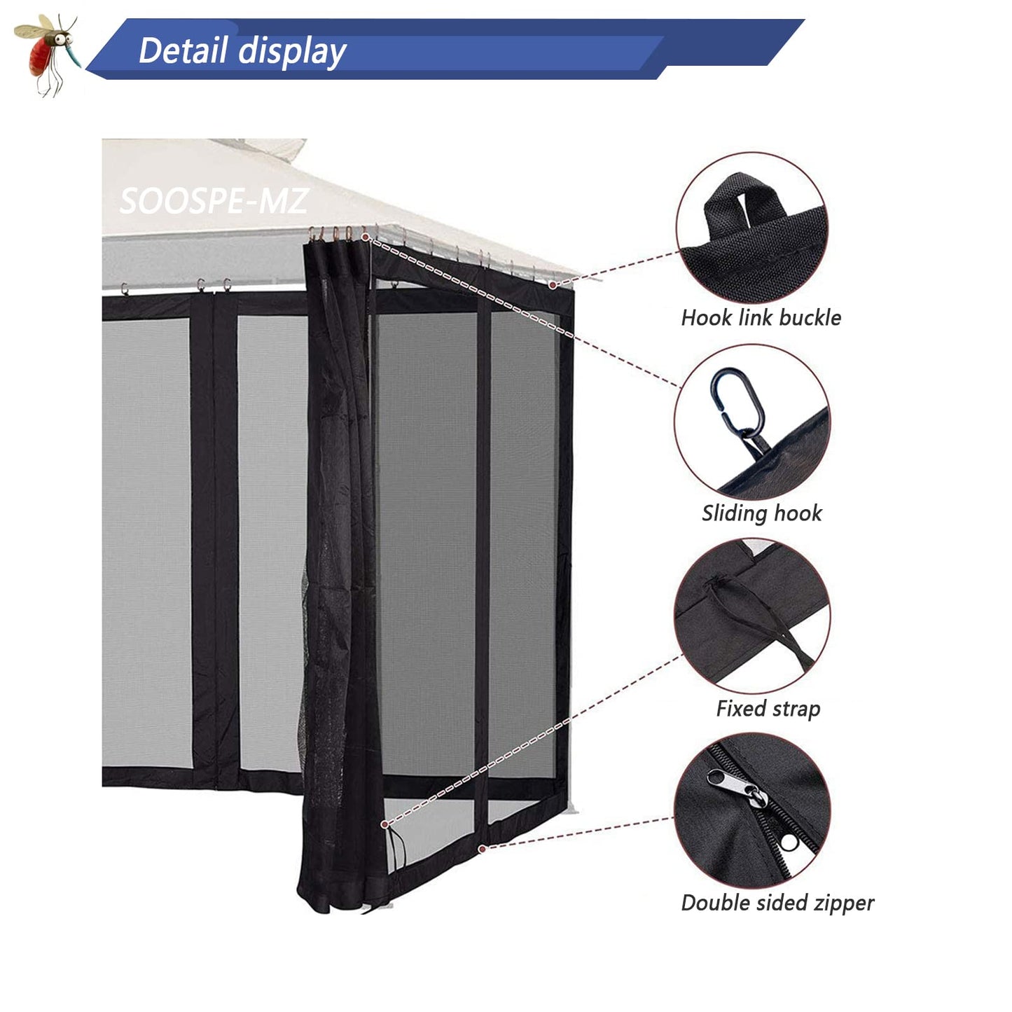10x10 Gazebo Replacement Mosquito Netting, 4-Panel Sidewall Screen with Zipper Universal Black (10'x10')