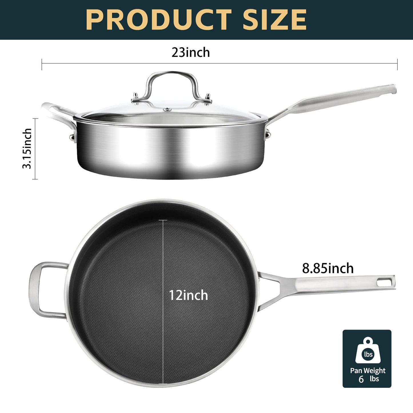 Stainless Steel 6 Quarts Saute Pan with lids, Nonsitck 12.5 inch Jumbo Cooker, 3 Layer Deep Frying pan with Stay Cool Handle, Dishwasher and Metal Utensil Safe