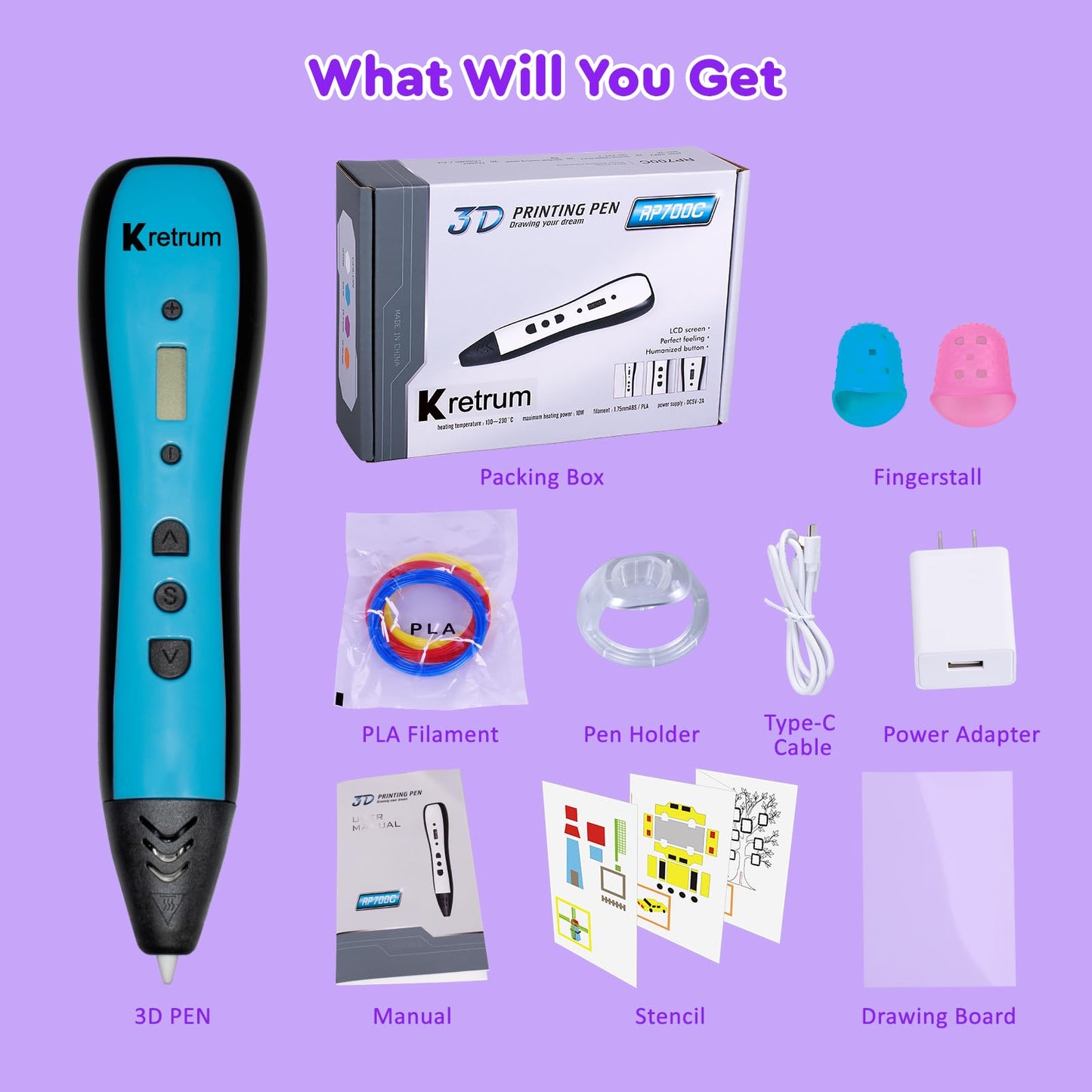 Kretrum 3D Pen | 3D Printing Pen with LCD Display | 3D Painting Pen with 1.75mm PLA Filament, Fingerstall, Pen Holder, Stencil Book, Charger | Best Gift Crayon 3D Stylo 3D Blue