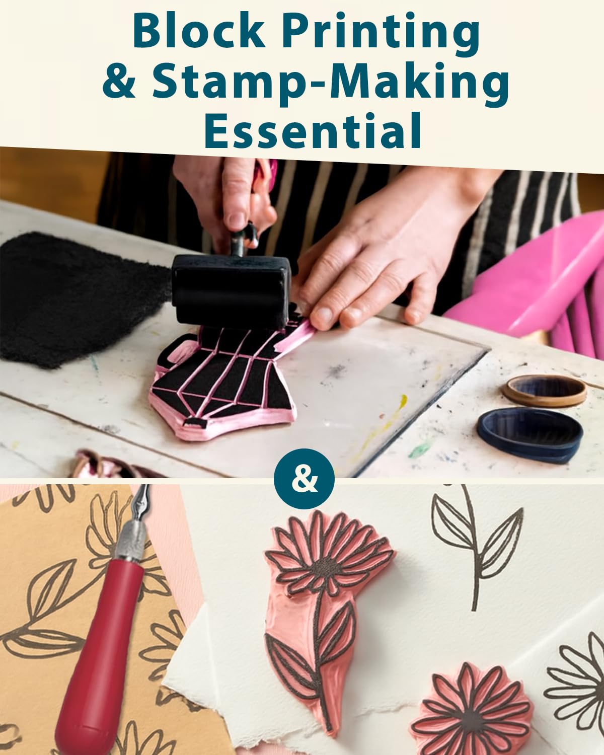 Linocut Kit Block Printing Kit: Stamp Making Kit with Rubber Lino Blocks, Ink, Brayer, Linoleum Cutters, Tracing Papers & Instructions - Hobby Craft Gift for DIY Art Project Beginners