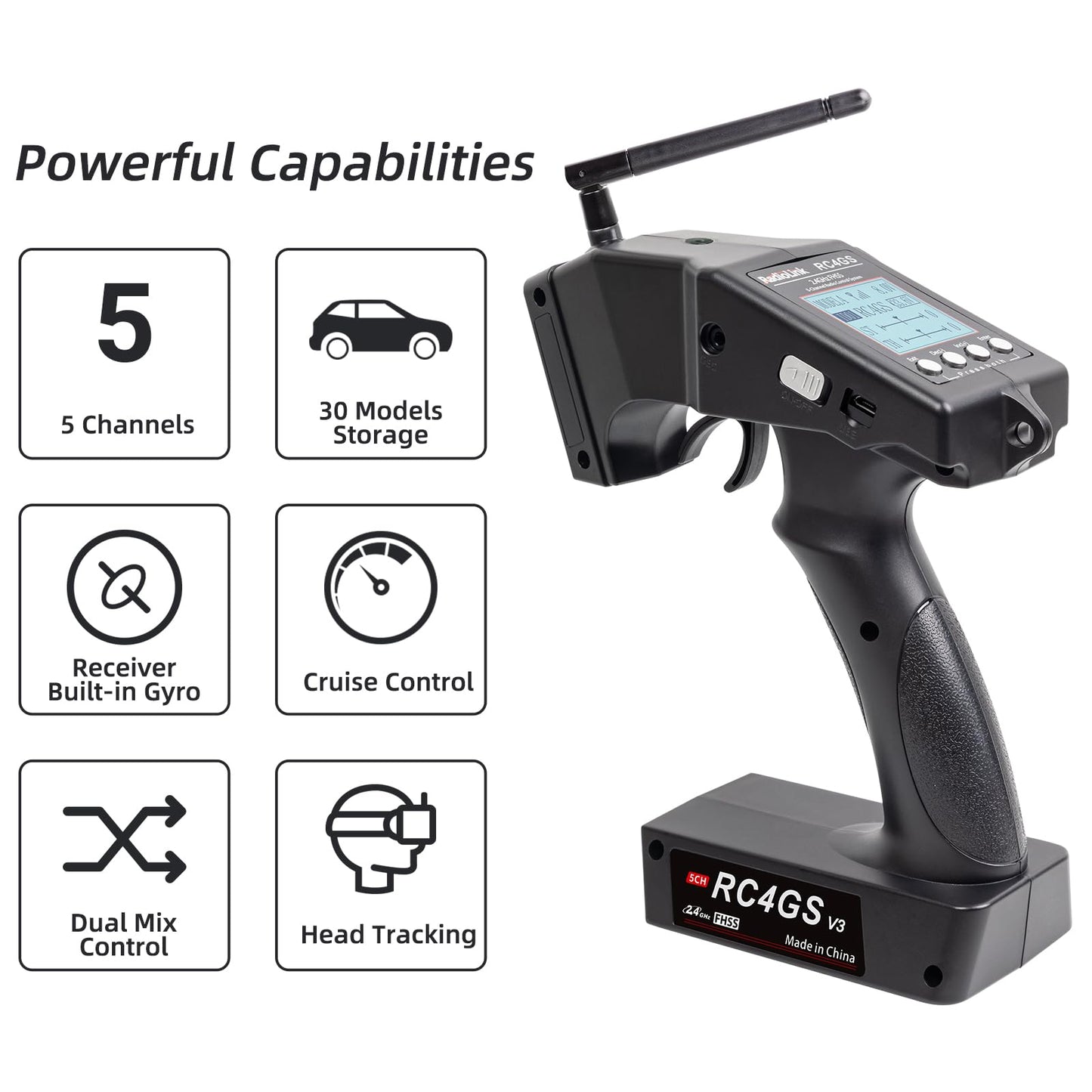 Radiolink RC4GS V3 5 Channels 2.4GHz RC Transmitter and R6FG Gyro Receiver, 30 Models Memory Surface Remote Controller for Crawler, Truck, Car, Drifting and Boat