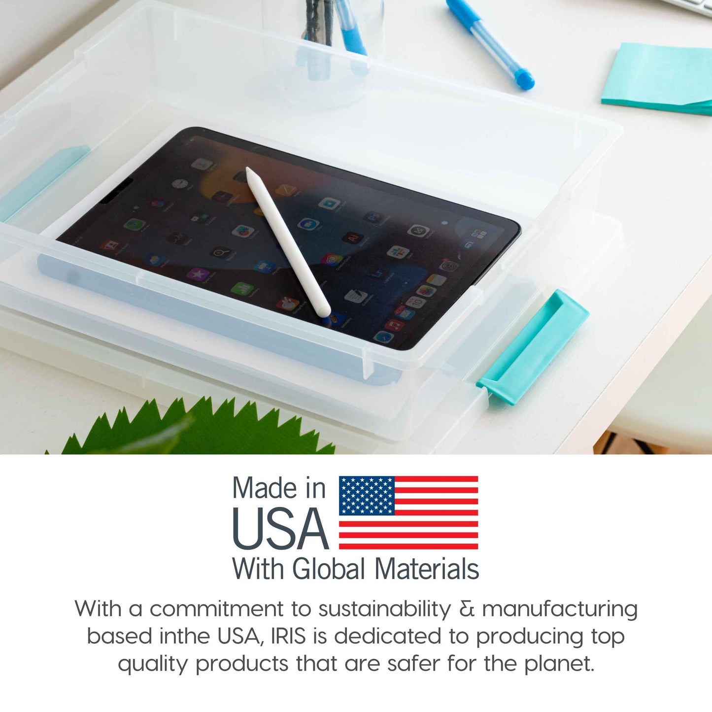 IRIS USA 5.7 L (6 US Qt) Large Clip Box, 4 Pack, Clear Plastic Storage Container Bins with Latching Lids, Organizing Container for Home, Office and School Supplies, Stackable, Seafoam Blue Buckles