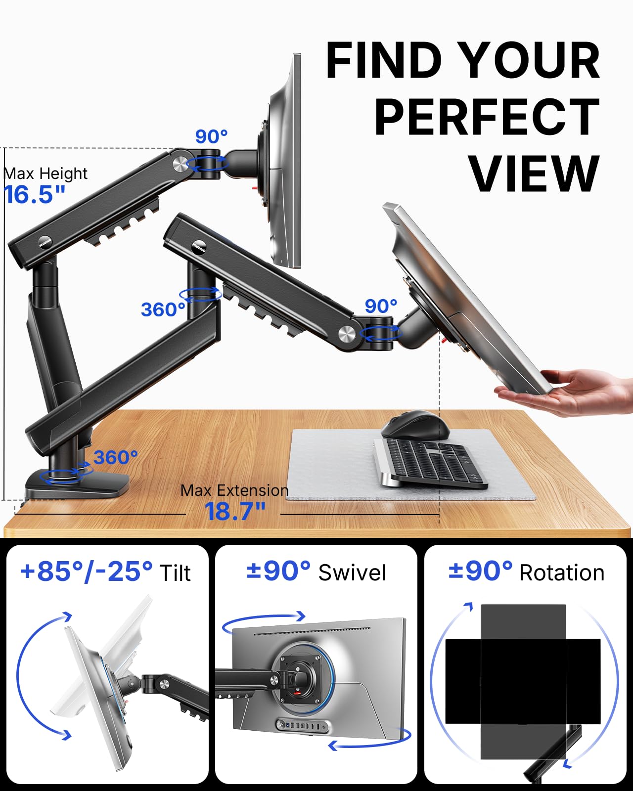 HUANUO FlowLift™ Pro Dual Monitor Arm for 13–32" Screens, MechaSpring Monitor Mount, Adjustable Monitor Arm with Tilt/Swivel/Rotation, Tool-Free VESA Mount, C-Clamp/Grommet Base, Max Load 19.8 lbs