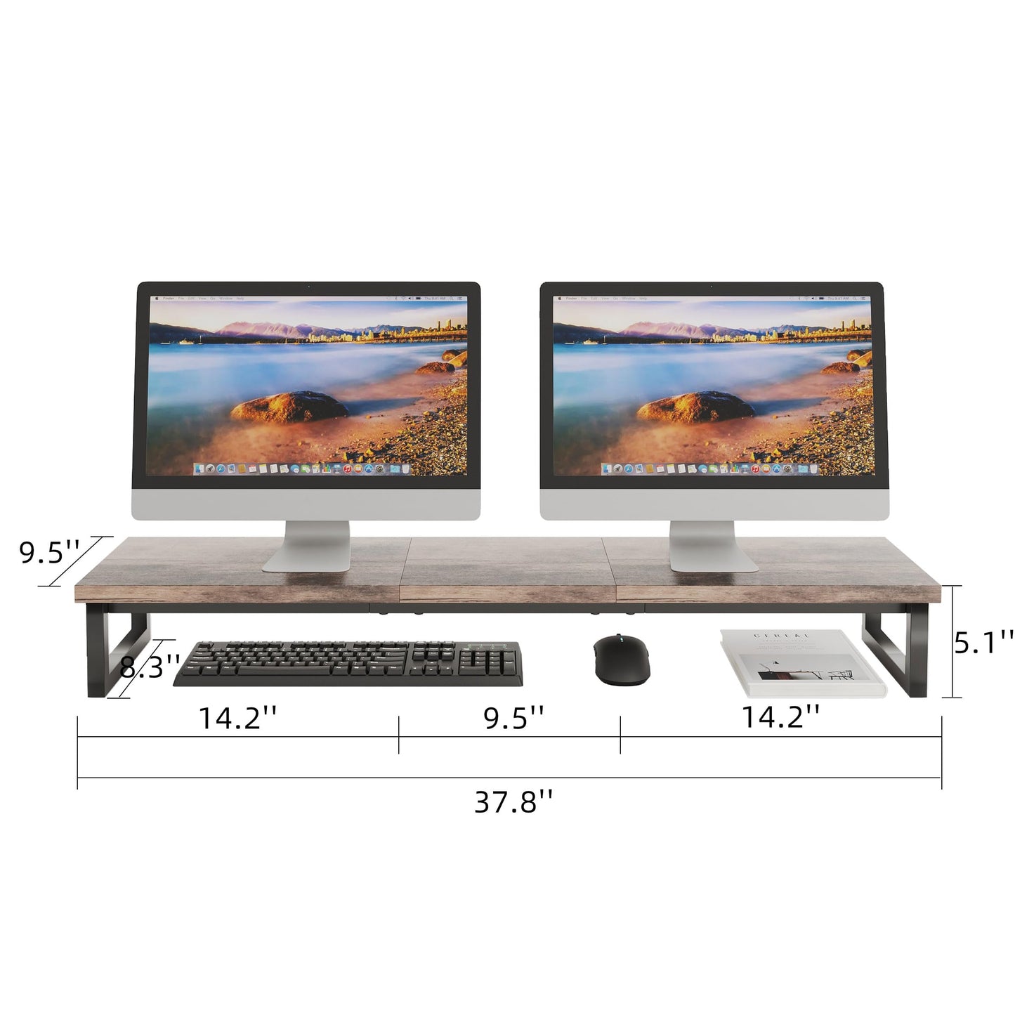 CAIYUN Dual Monitor Stand Riser, 39 inch Desk Riser Organizer for Computer, Laptop, Printer, Brown TV Screen Riser