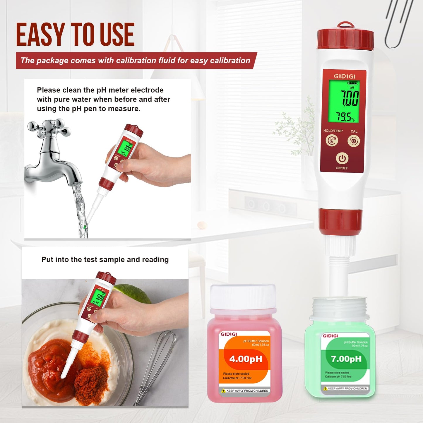 GIDIGI pH Meter for Food, Digital pH Meter for Fermentation, Hot Sauce, Canning, Spear Tip pH Pen Probe for Cheese, Cooking, Sourdough Bread, Saliva, Water Resistant Food pH Tester for Semi-Solid