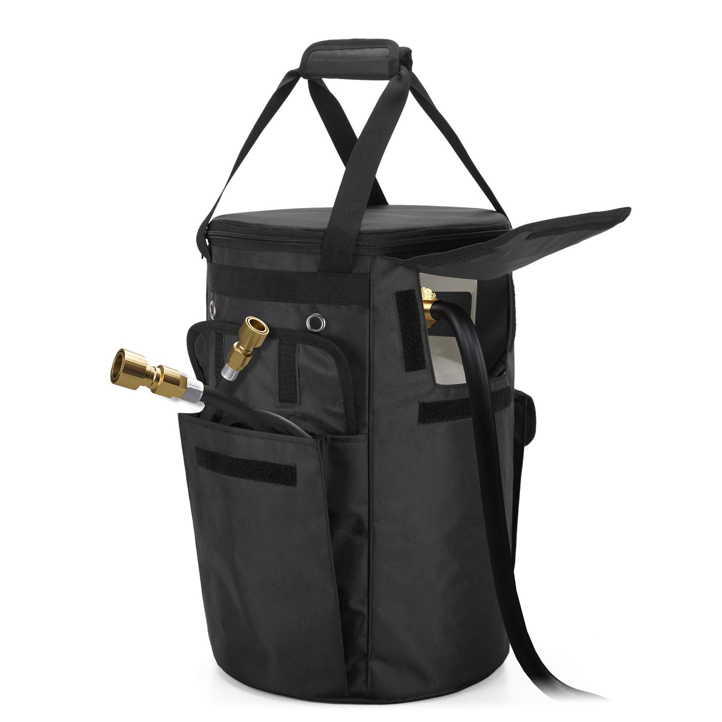 SAMDEW Propane Tank Cover, 20 lb Propane Tank Gas Bag with Side Flip Flap and Stable Tabletop Feature, 2 Storage Pockets, Ventilated with 4 Holes, Water & Wear Resistant, Black, Bag Only