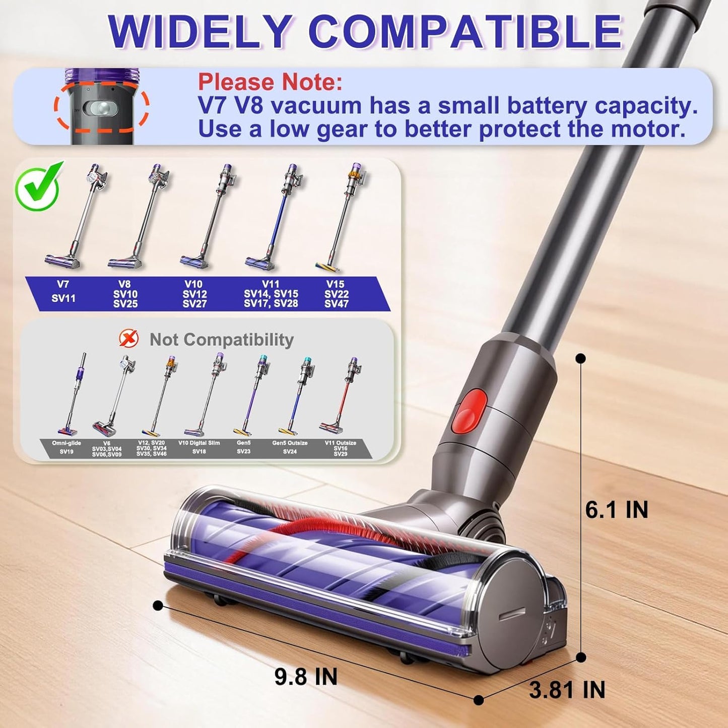 Upgrade Anti-Tangle Replacement Vacuum Head for Dyson V7 V8 Cyclone V10, V11, V15 Cordless Vacuum Cleaners, Quick Release Motor-Head Brush Roller for Dyson SV10 SV11 SV12 Vacuum Attachments Parts