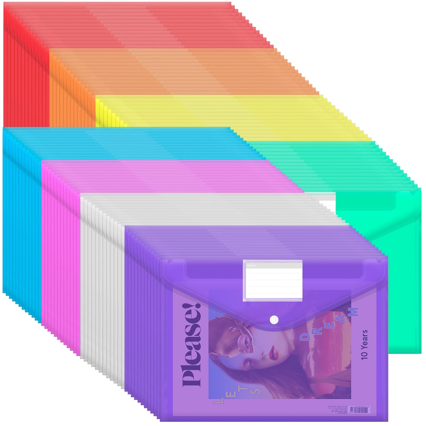 100 Pcs Clear Envelopes Bulk, A4 Letter Size Plastic File Folders with Snap Button, Waterproof File Pouches Document Envelopes for Office School Home Organization