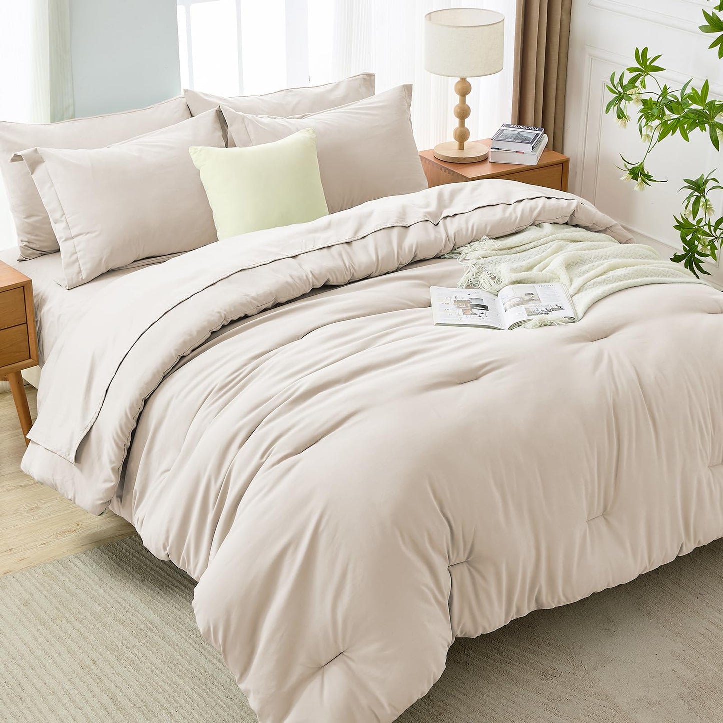 MUXHOMO 7 Pieces Queen Comforter Set, Soft Bed in a Bag Queen Size, All Season Bedding Set with Comforter, Flat Sheet, Fitted Sheet, Pillowcases & Shams, Beige