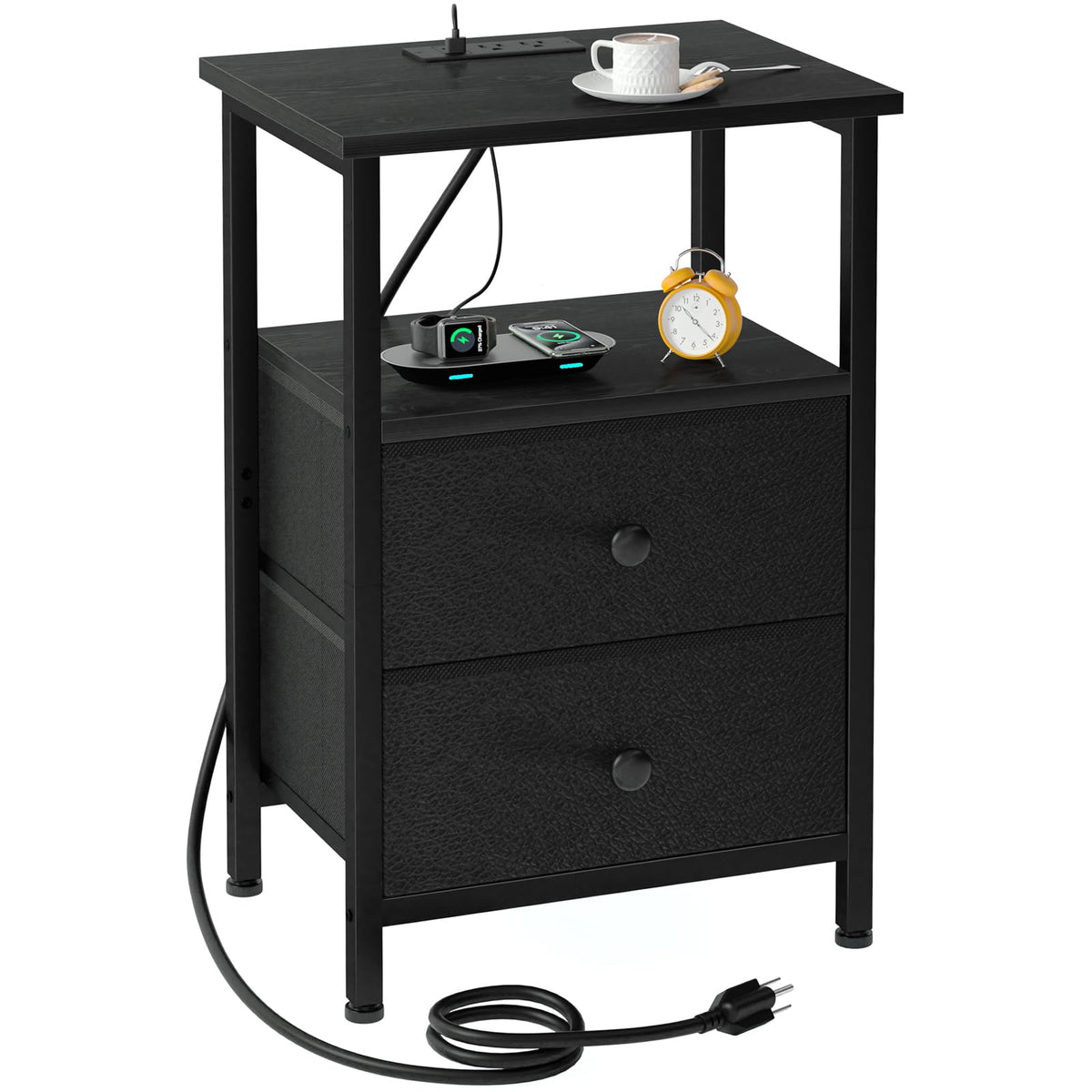 LOAKEKEL Night Stand with Charging Station, Small Bedside Table with Fabric Drawer, Nightstand with USB Ports & Outlets for Bedroom, Living Room, Black, HETS020BK-1