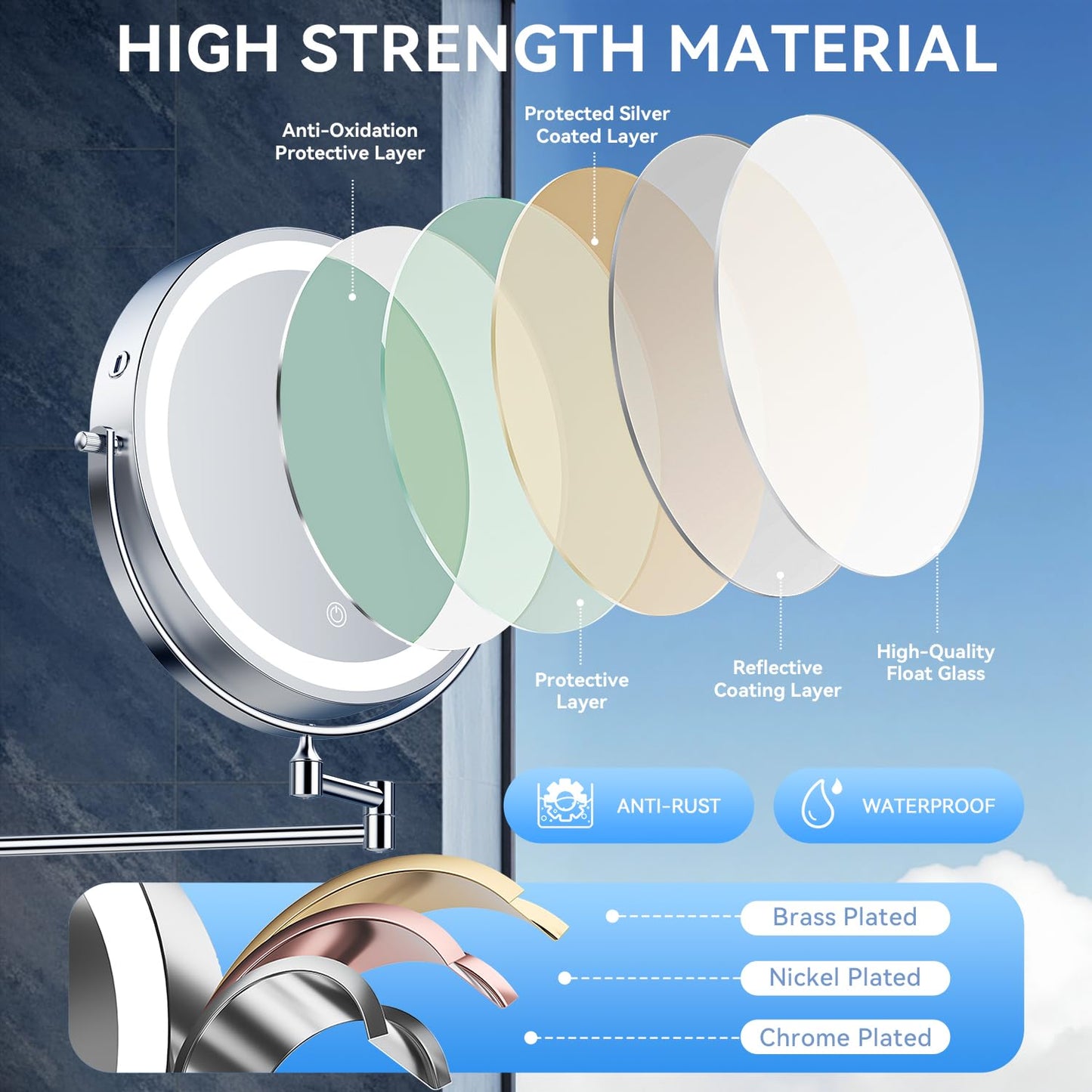 Auxmir 5000mAh Rechargeable Wall Mounted Makeup Mirror, 1X/30X Double-Sided Magnifying Mirror with Light, 9" Lighted Vanity Mirror with 3 Color Modes, Touch Dimmable, 360° Swivel Extended Arm, Chrome