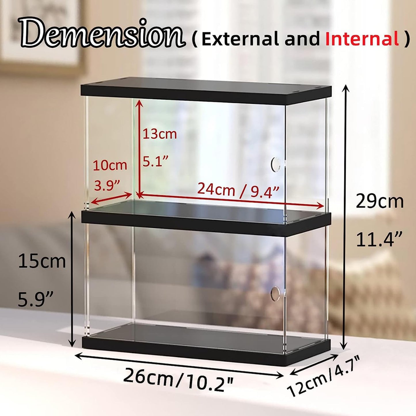 Clear Acrylic Display Case for Mini Funko Pop Figures with Light, 2 Layer Storage Cabinet Shelf Showcase for Toys Mini Figures Collectibles Rock Stone Crystals, Wooden Black Finish 26x12x29cm