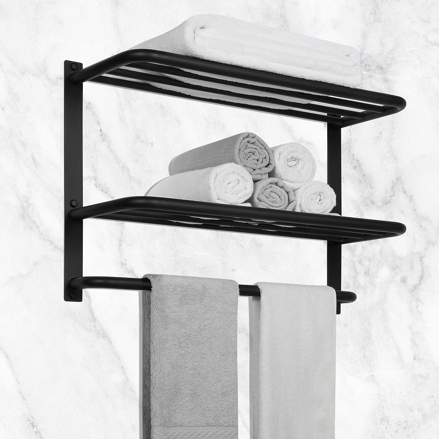 DELAM 3-Tier Bathroom Towel Rack Towel Shelf with Towel Bar, SUS 304 Stainless Steel Wall Mount Towel Holder Matte Black Finish 22.8 Inch