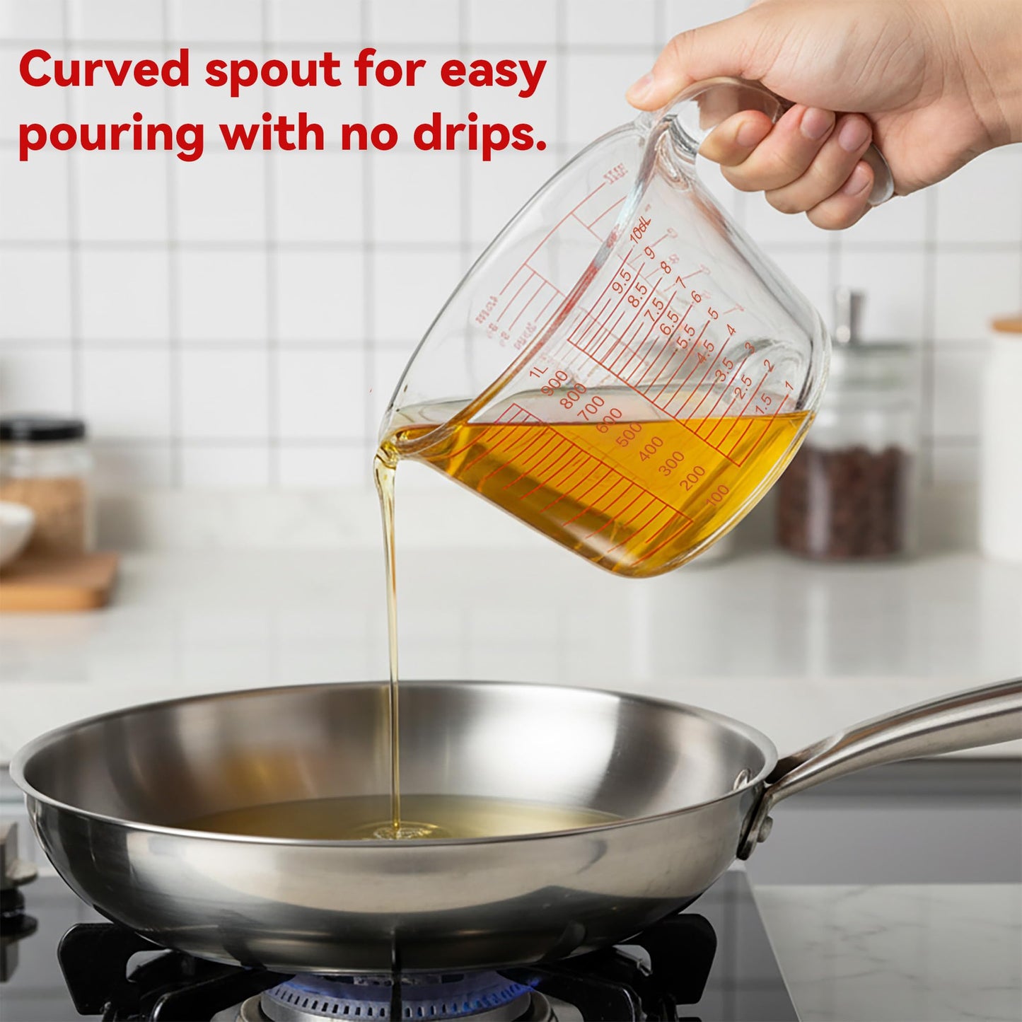 CUTEPLAN 6 Pcs Glass Measuring Cups Set with Lids (Strainer Included) - 1-Cup/2-Cup/4-Cup Nesting Jugs with Easy-Grip Handles, Kitchen Liquid Measuring