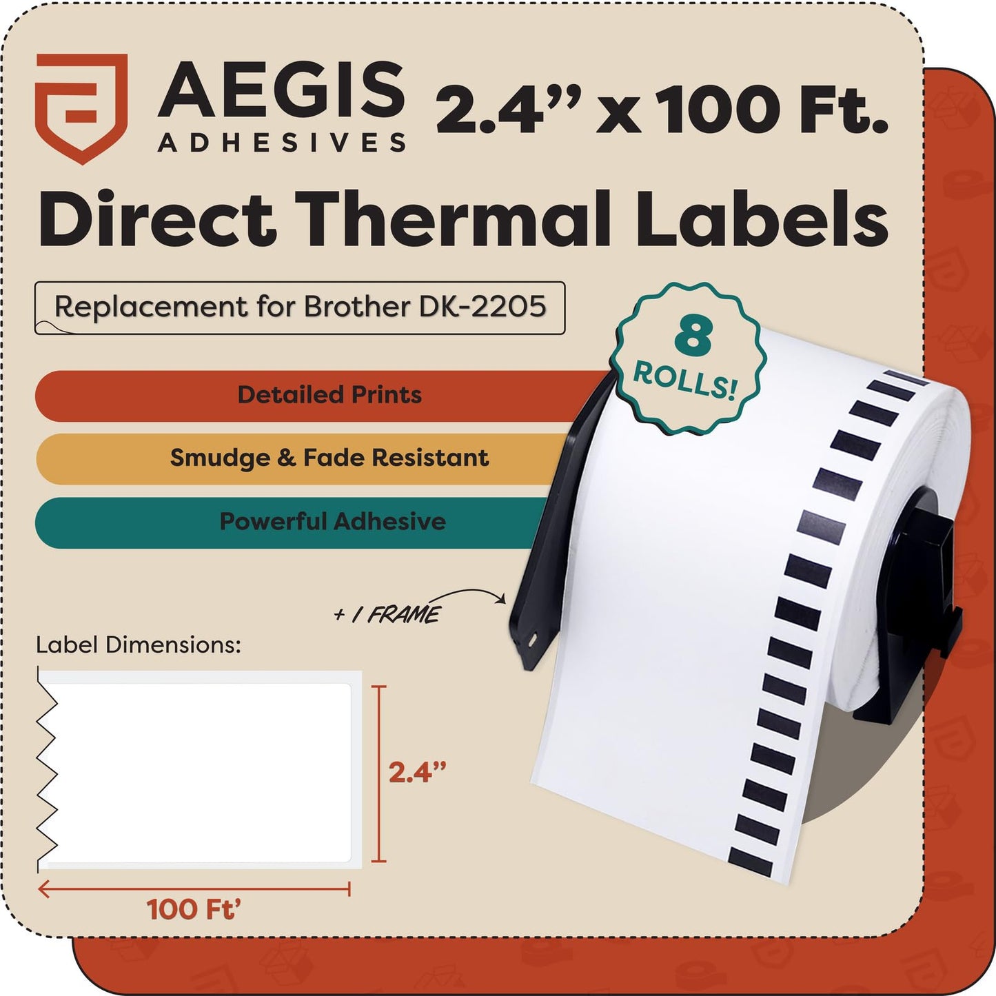 Aegis Adhesives - 2.4" X 100 Ft. Replacement for Brother DK-2205 (8 Rolls, 1 Frame) Direct Thermal Labels Continuous Paper Tape - Compatible with QL Label Printers