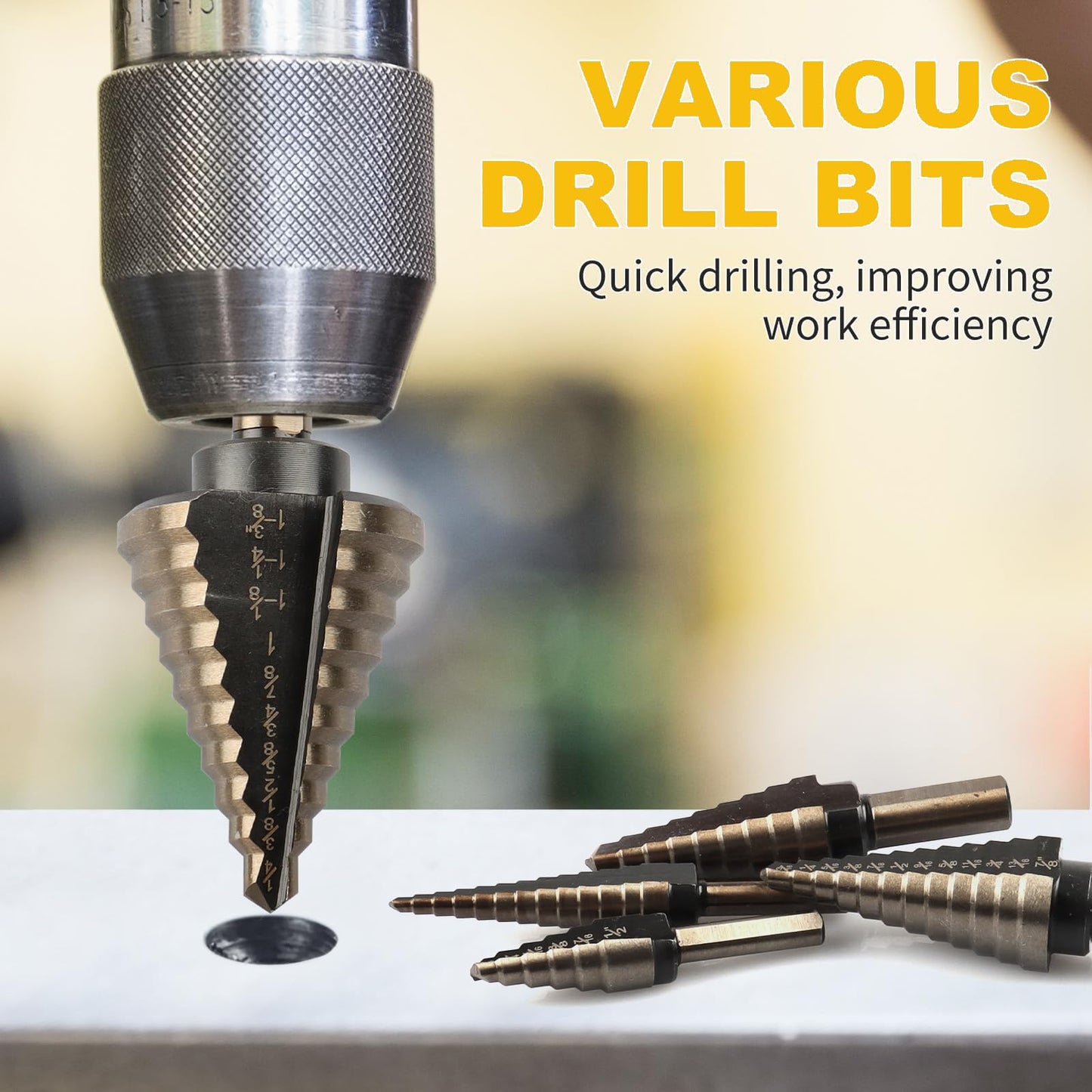 AOKLIT 5 Pack 50 Sizes Step Drill Bit & 5 Pack M2 Countersink Drill Bit Set，Titanium Coated, with Aluminum Case, Multiple Hole Stepped Up Bits for DIY