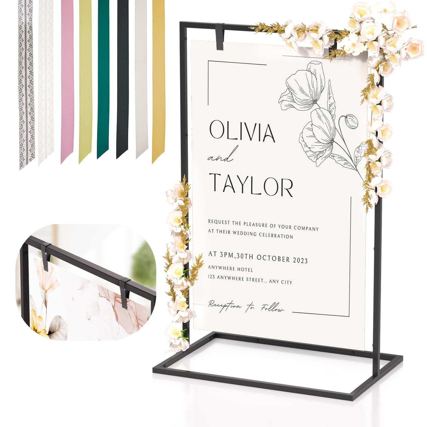 Cathyeen Wedding Welcome Sign Stand, 50”x30”x 20” Heavy Duty Easel Stand for Sign with 8 Pair Satin Ribbon & 2 Leather Strap, Welcome to Our Wedding Sign Holder, Metal Floor Standing Easels for Signs