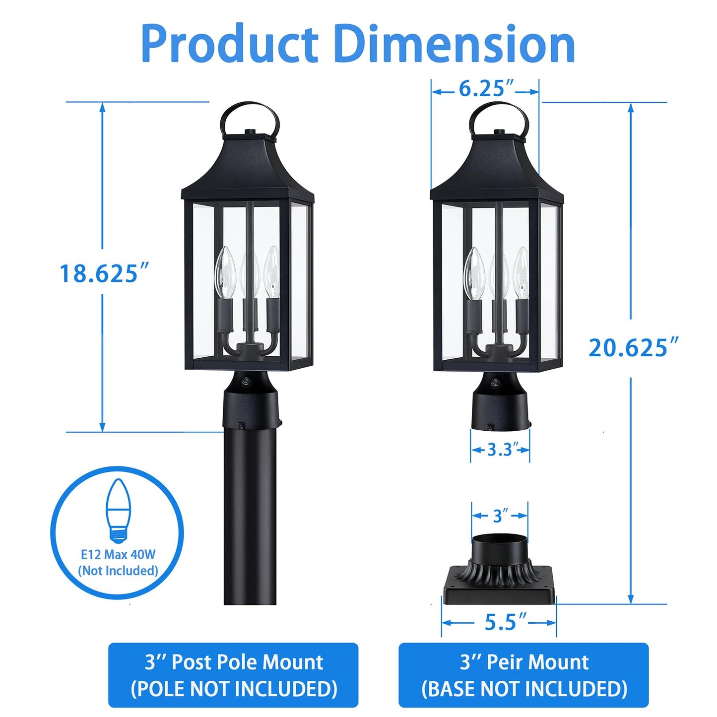 18.62'' Dusk to Dawn Post Light Outdoor, Large 3-Light Lamp Post Light Fixture, Modern Pillar Outside Lighting Waterproof Post Lantern Lamp Outdoor Post Light Fixtures Pole Lights for Porch, 1 Pack