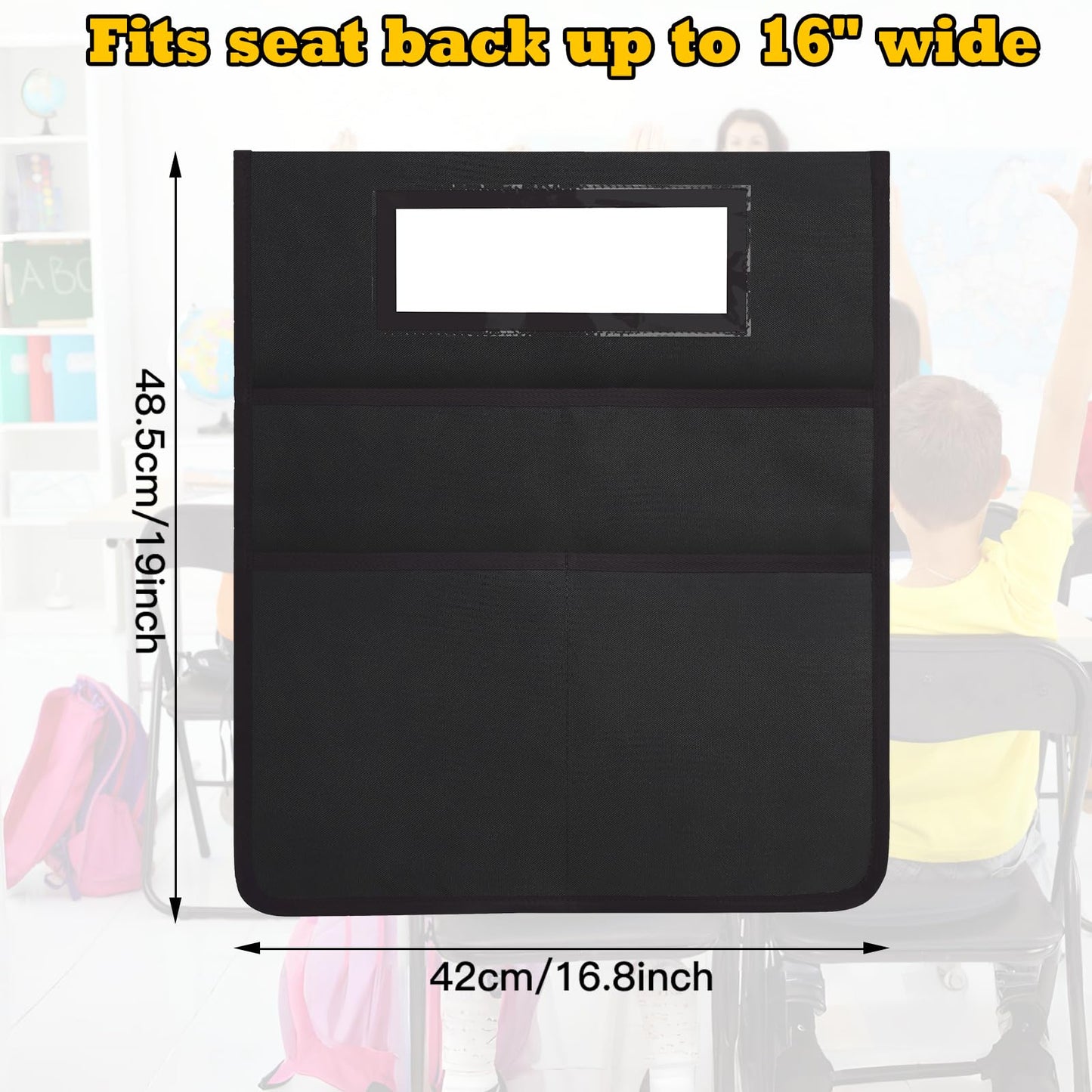 12 Pack Black Chair Pockets for Classrooms, Chair Pocket with 3 Heavy Duty Storage Pocket, Chair Back Buddy Pocket with Name Tag Slot, Ideal Back to School Supplies, Classroom Must Haves
