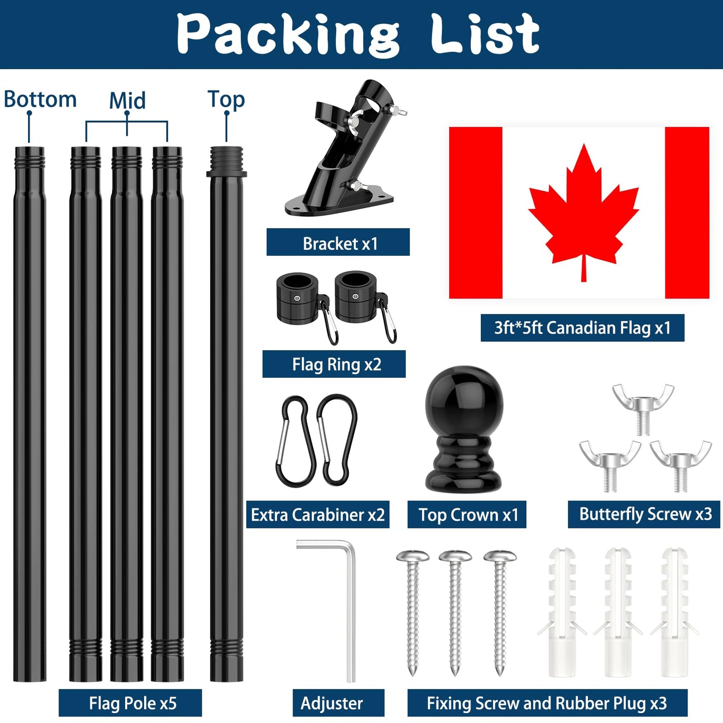Hanotic 6FT Flag Pole with Canada Flag, with Mounting Bracket, 360° Tangle Stainless Steel, Residential or Commercial, for Garden, Yard, Patio