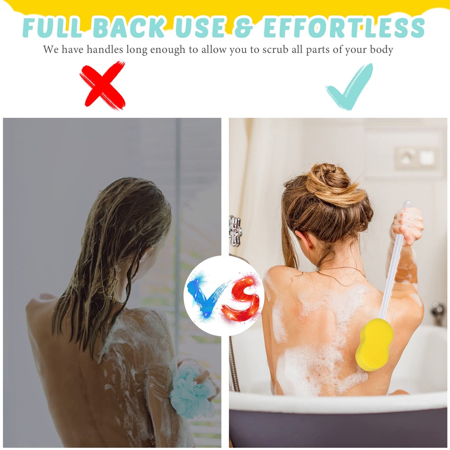 Yetene 3 Pcs Long Handle Bath Sponge 22.4'' Back Sponge on a Stick Lightweight Back Washer Handled Butt Scrubber Shower Brush for Foot Body Cleaning Bathing Limited Motion, Yellow(8-shape Style)