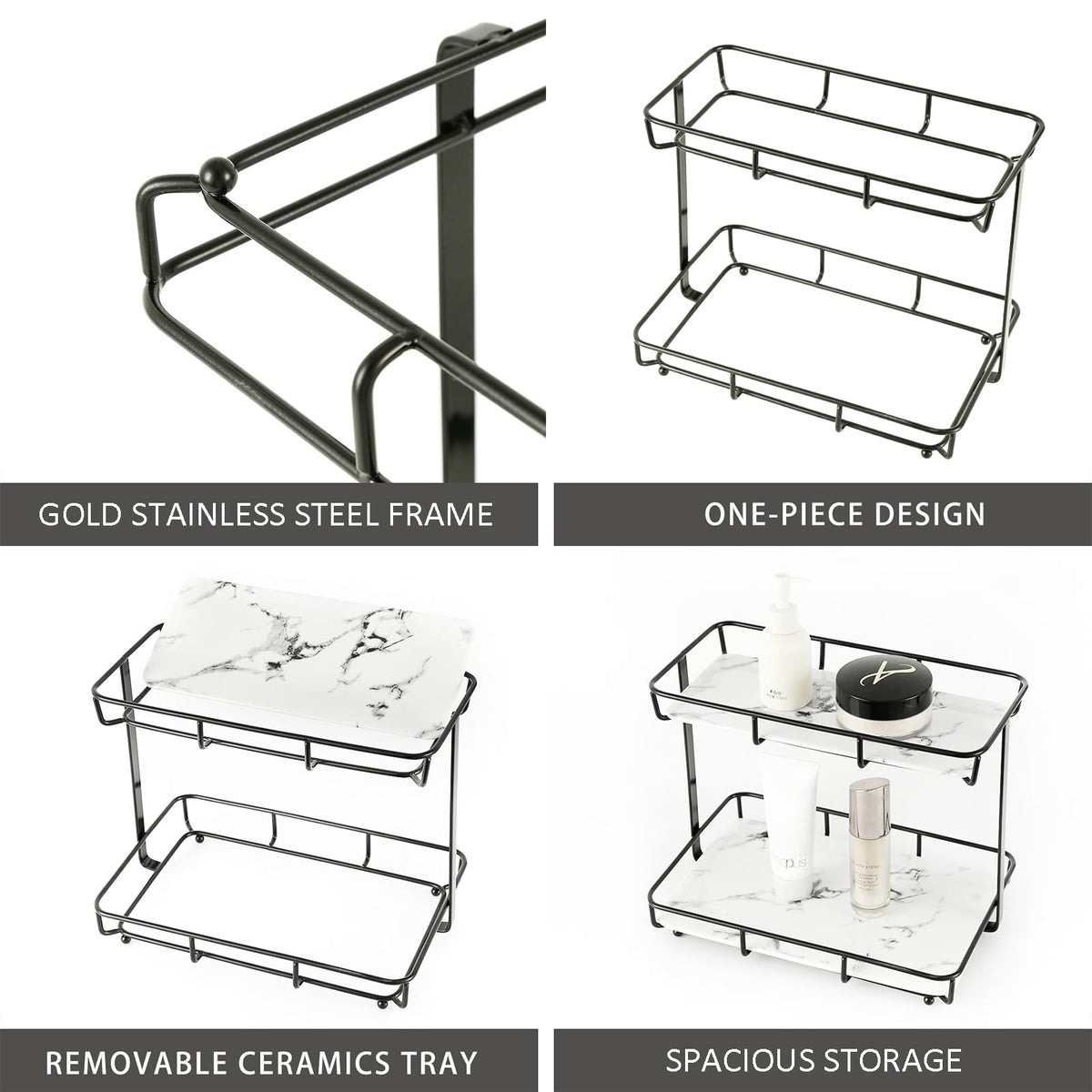 Dobbyby Bathroom Organizer Countertop Perfume Organizer Makeup Organizer Cosmetics Storage Display Rack 2 Tier Vanity Tray Dresser Stainless Steel Shelf Marble Print Ceramic Tray (2 Tier L-Black)