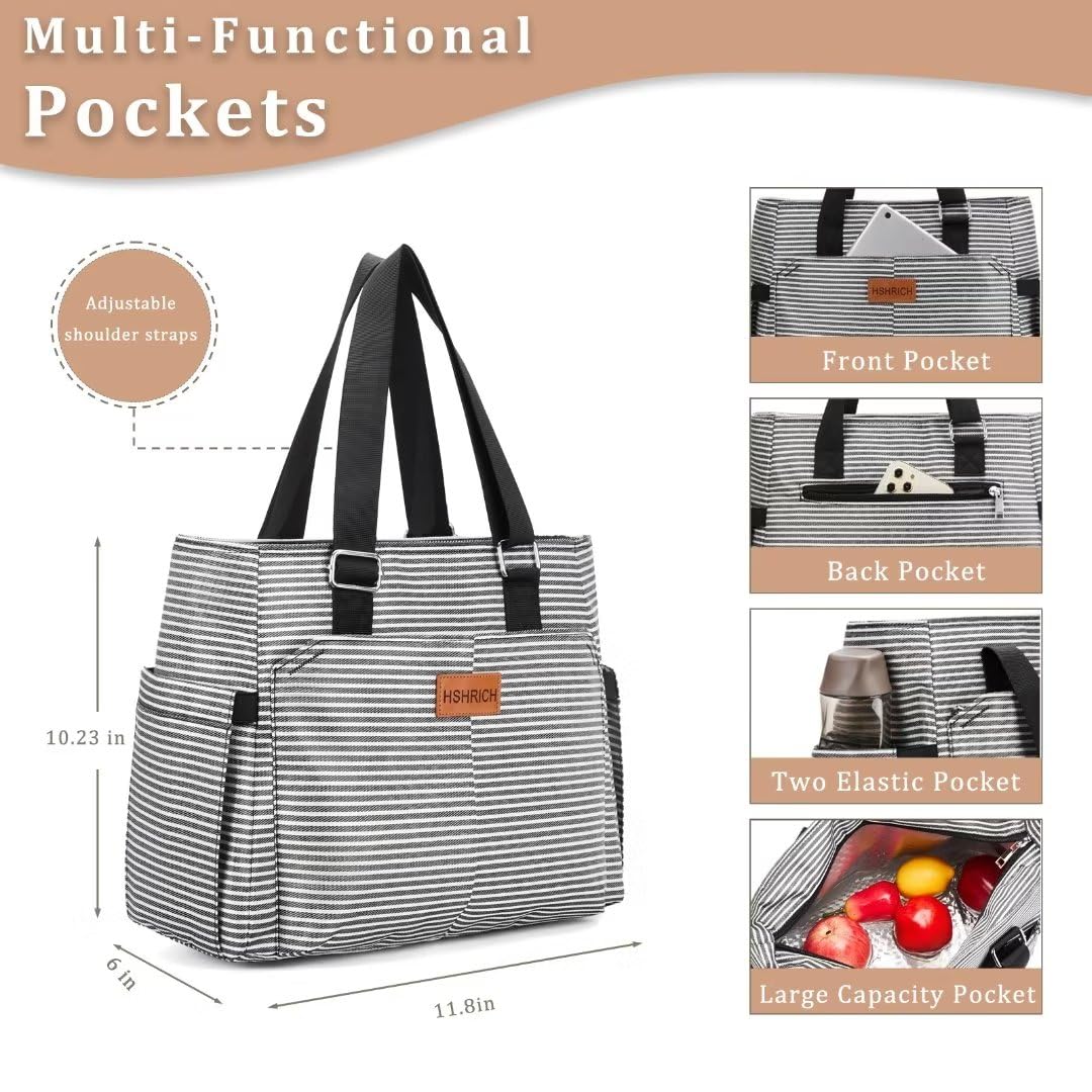 Large Women Lunch Bags for Work/Insulated Adult Lunch Box for Women/Leakproof Cooler Lunch Tote Bag with Storage Pocket. Reusable Lunch Cooler Purse for Work Picnic Hiking 12L, Stripe