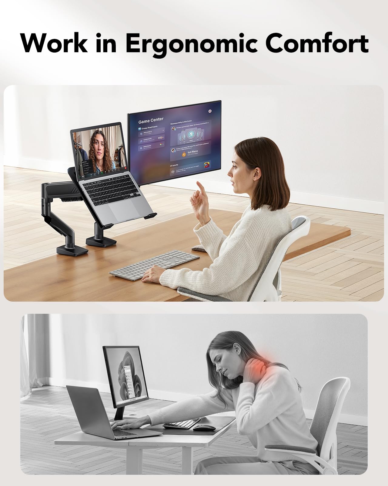 HUANUO 2 in 1 Function Laptop Mount with Tray, Fits 13-34″ Monitors & Up to 17″ Notebook, Ergonomic Laptop Arm with Full Motion Adjustment, Pre-Assembled for Easy Setup, VESA 75x75mm/100x100mm