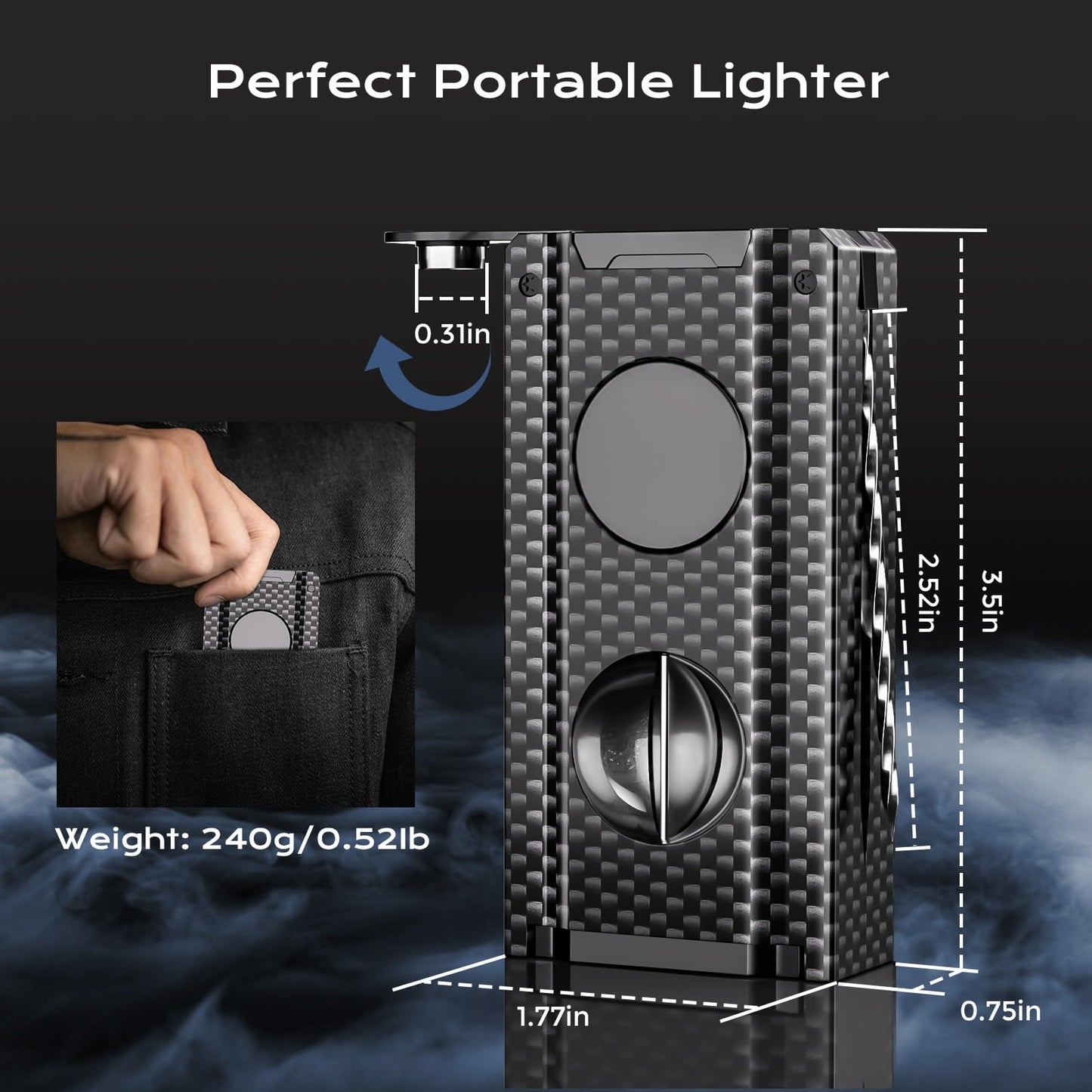 5-in-one Cigar Lighter with V-Cut Cigar Cutter, Cigar Punch, Cigar Draw Enhancer, Cigar Holder, Refillable Butane Triple Windproof Flames Torch Lighter, Cigar Accessories Tool, Cigar Gifts for Men