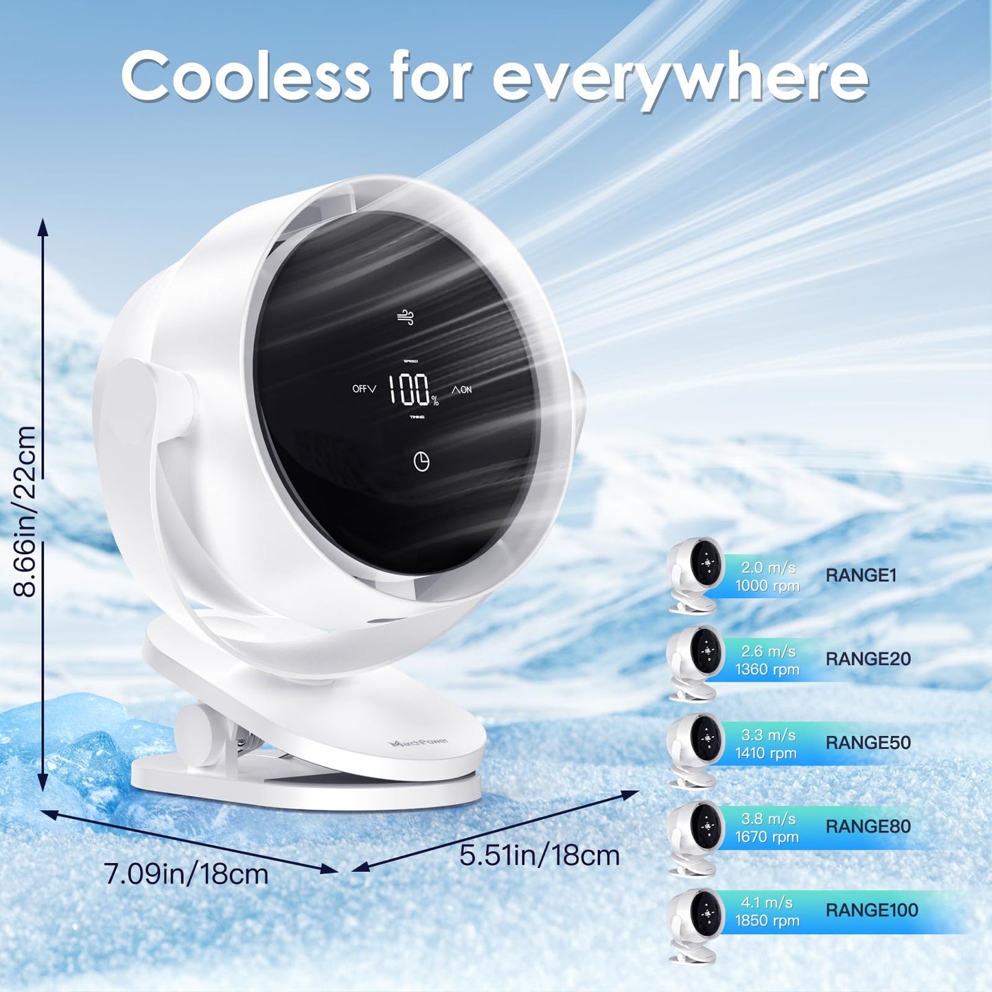 Marchpower Air Circulator Fan,100-Speed & Timer & 720°Tilt Clip on Fan, Quiet Portable Personal Fan, Battery Operated Desk Table Fan for Bedroom Bedside Stroller Office Outdoor Camping