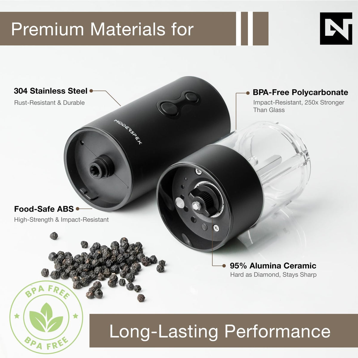 Electric Salt and Pepper Grinder Set USB-C Rechargeable, Dual-Speed Automatic Salt and Pepper Mills with 9 Adjustable Coarseness, Ceramic Burr, LED Light, Refillable, (Carbon Black)